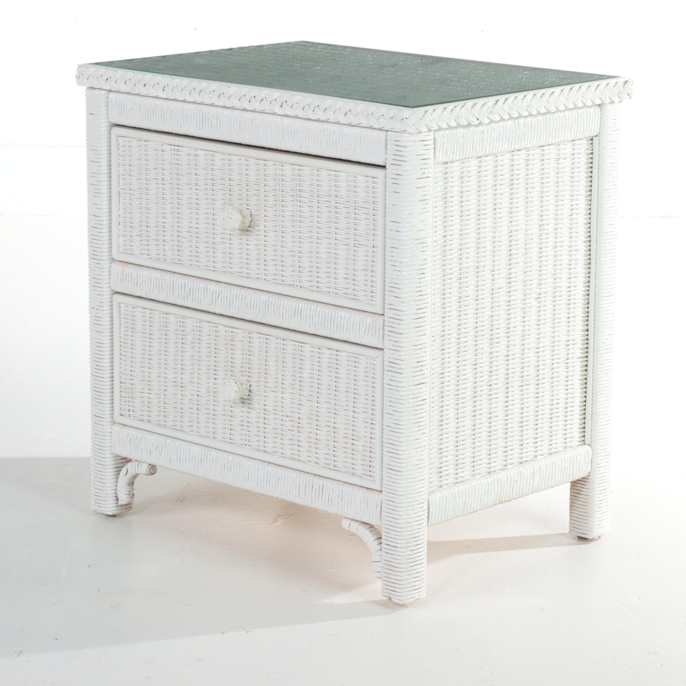 Two Lexington/Henry Link White-Painted Wicker Twin Headboards and Nightstand