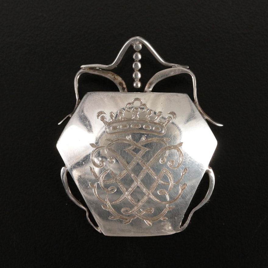 Circa 1988 Eve J Alfillé Gallery and Studio Sterling Hand Engraved Shield Brooch