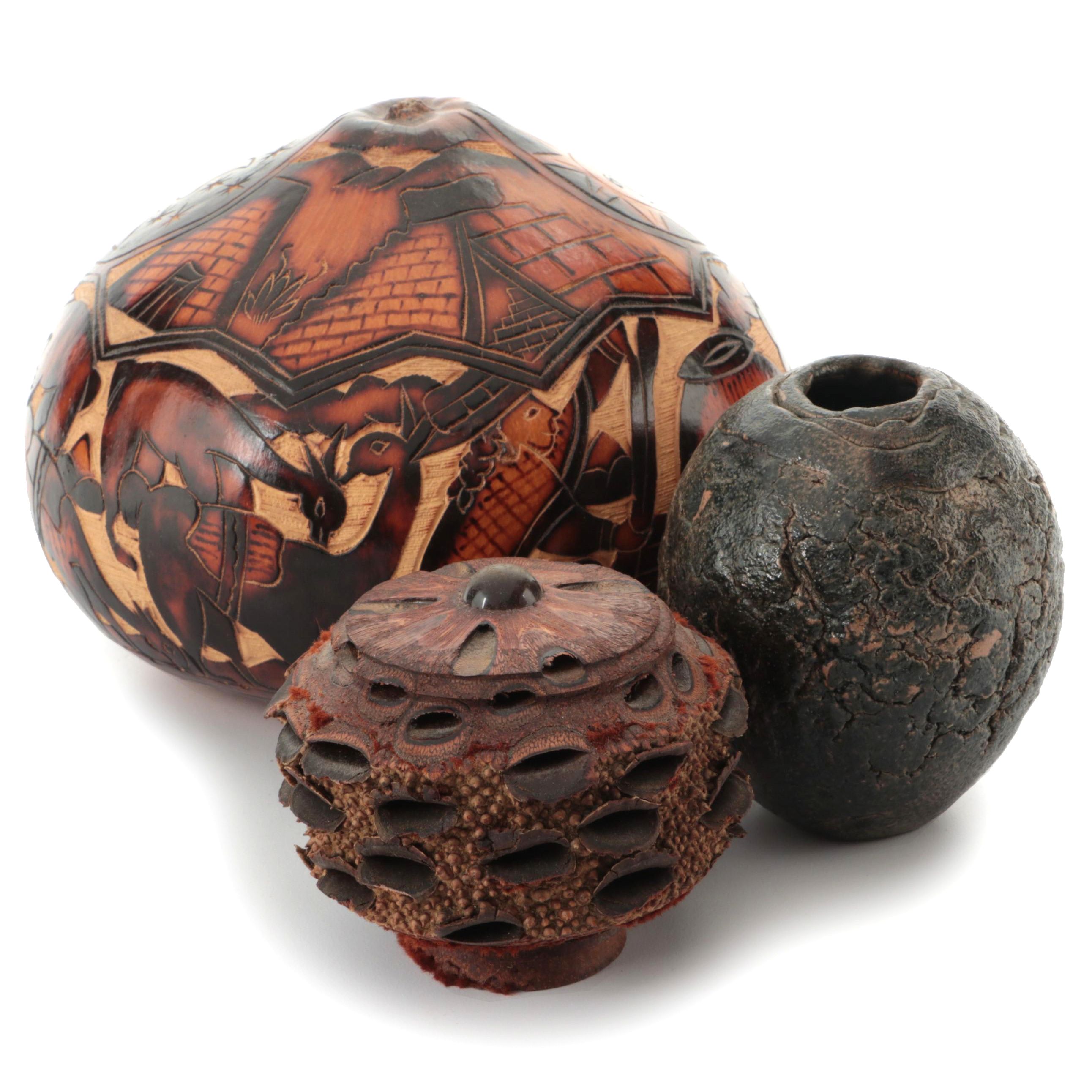 Raku-Fired Studio Pottery Vase, Turned Lotus Root and Peruvian Etched Gourd