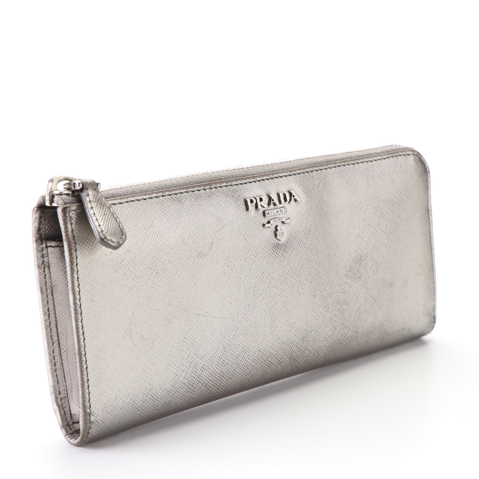 Prada Zip Wallet 1M1183 in Metallic Silver Saffiano Leather with Box