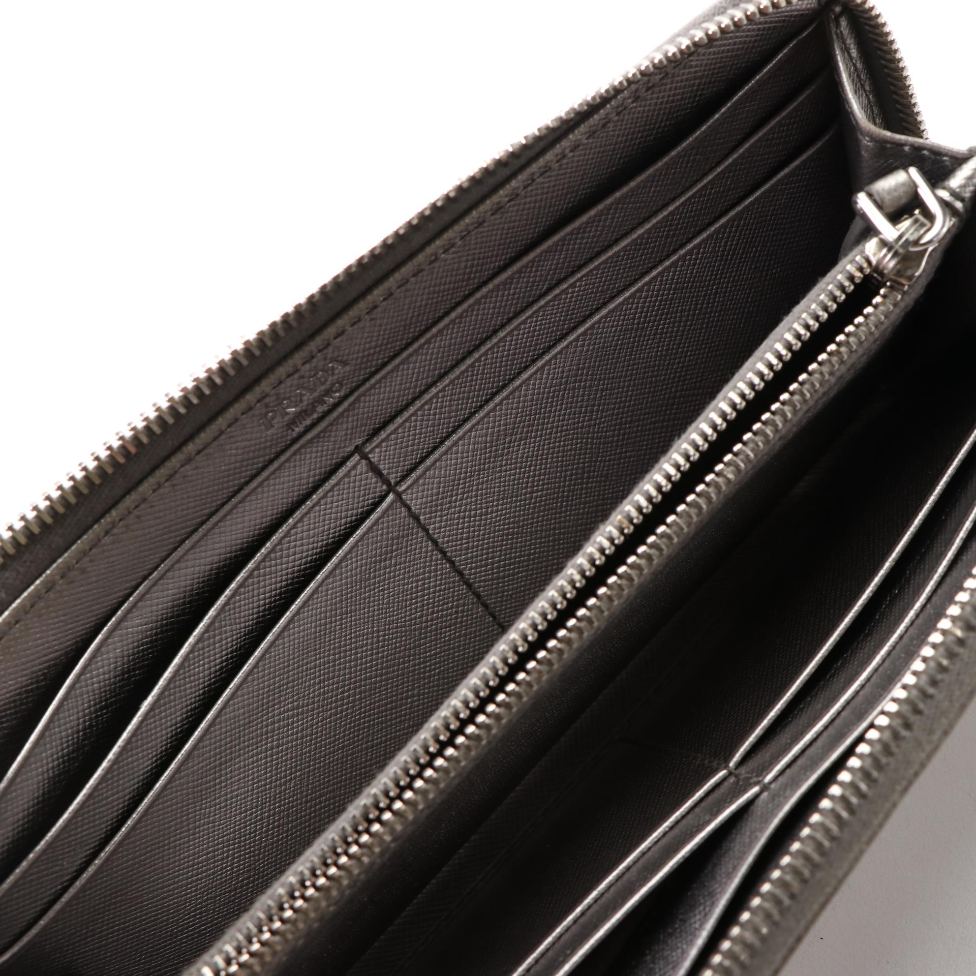 Prada Zip Wallet 1M1183 in Metallic Silver Saffiano Leather with Box