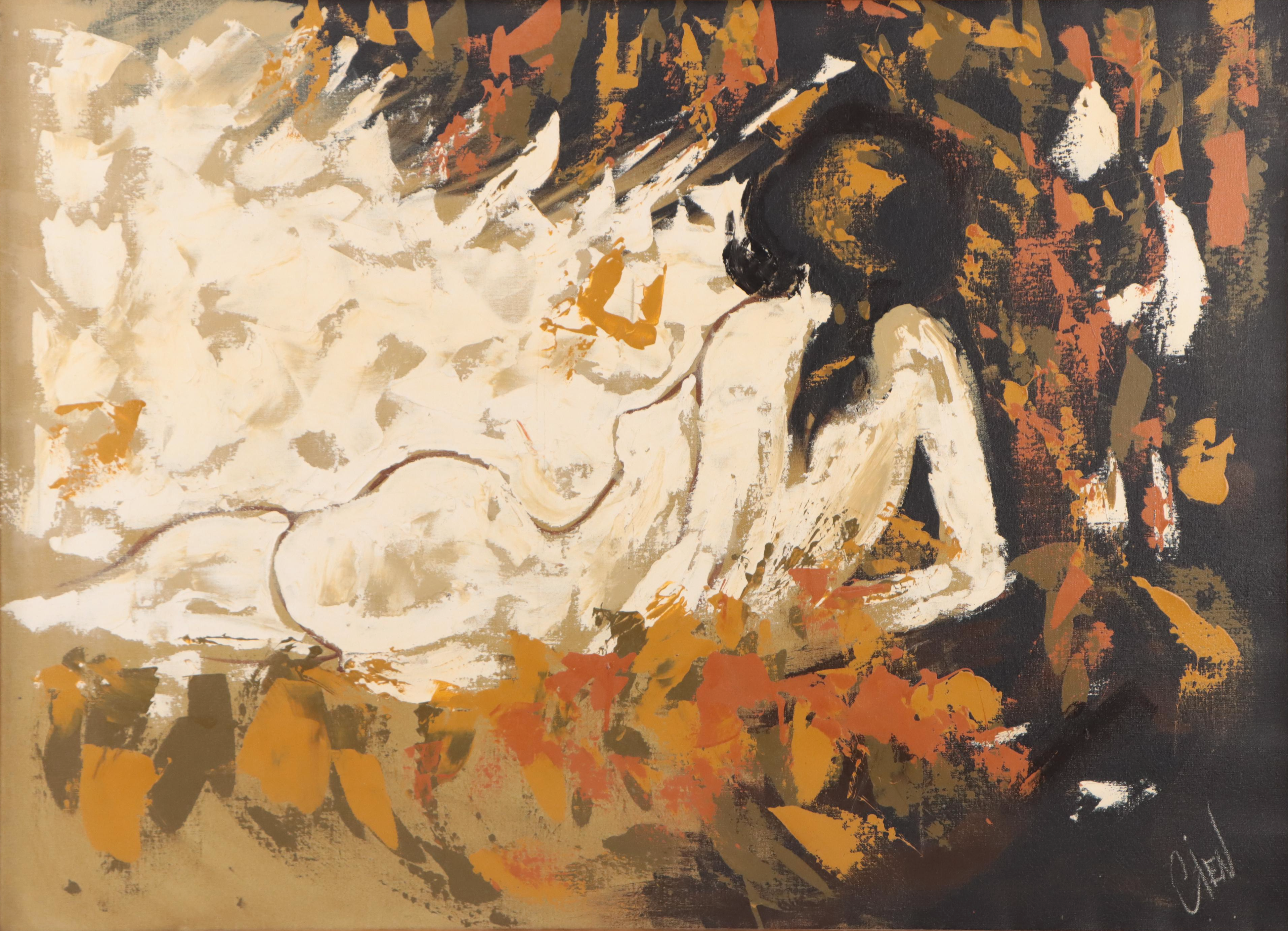 Etta Benjamin Cien Figurative Oil Painting of Reclining Nude, Circa 1960