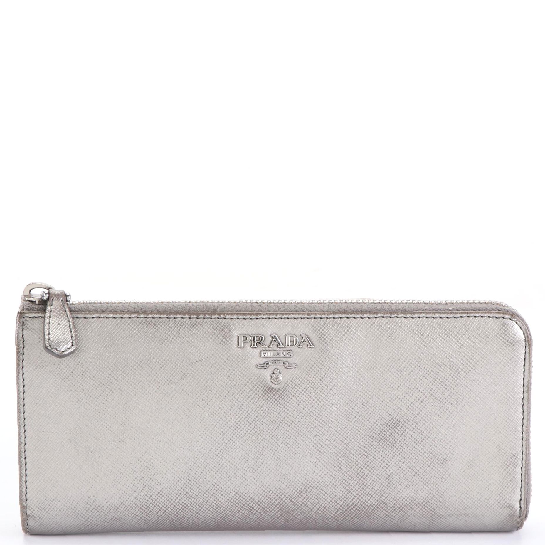 Prada Zip Wallet 1M1183 in Metallic Silver Saffiano Leather with Box