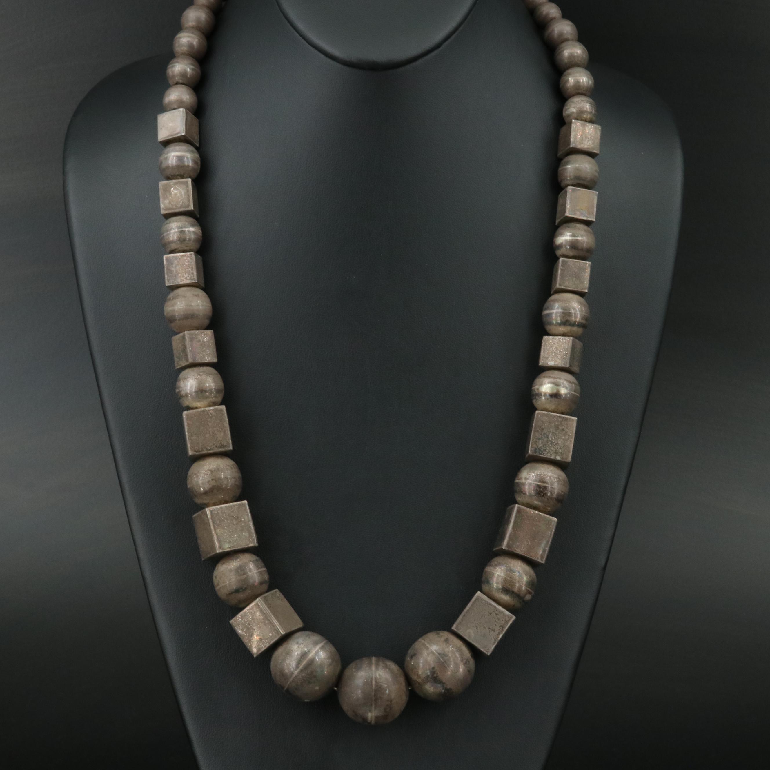 Vintage Mexican Sterling Square and Round Bead Necklace