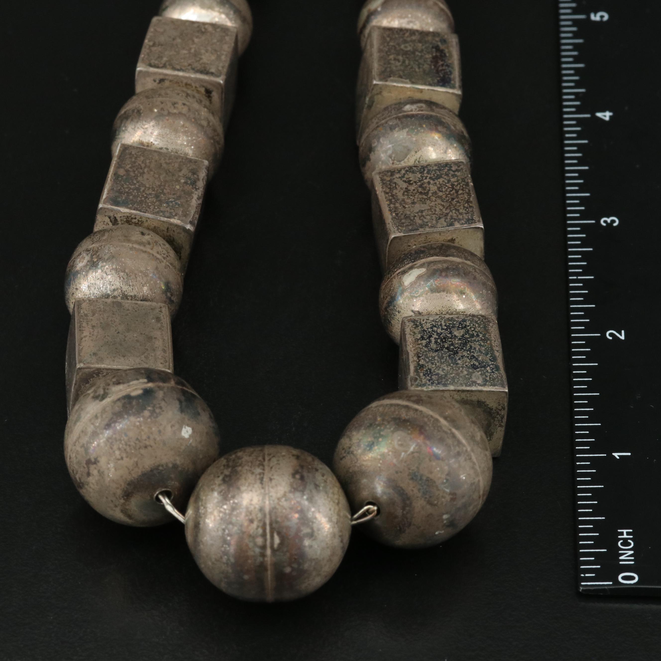 Vintage Mexican Sterling Square and Round Bead Necklace