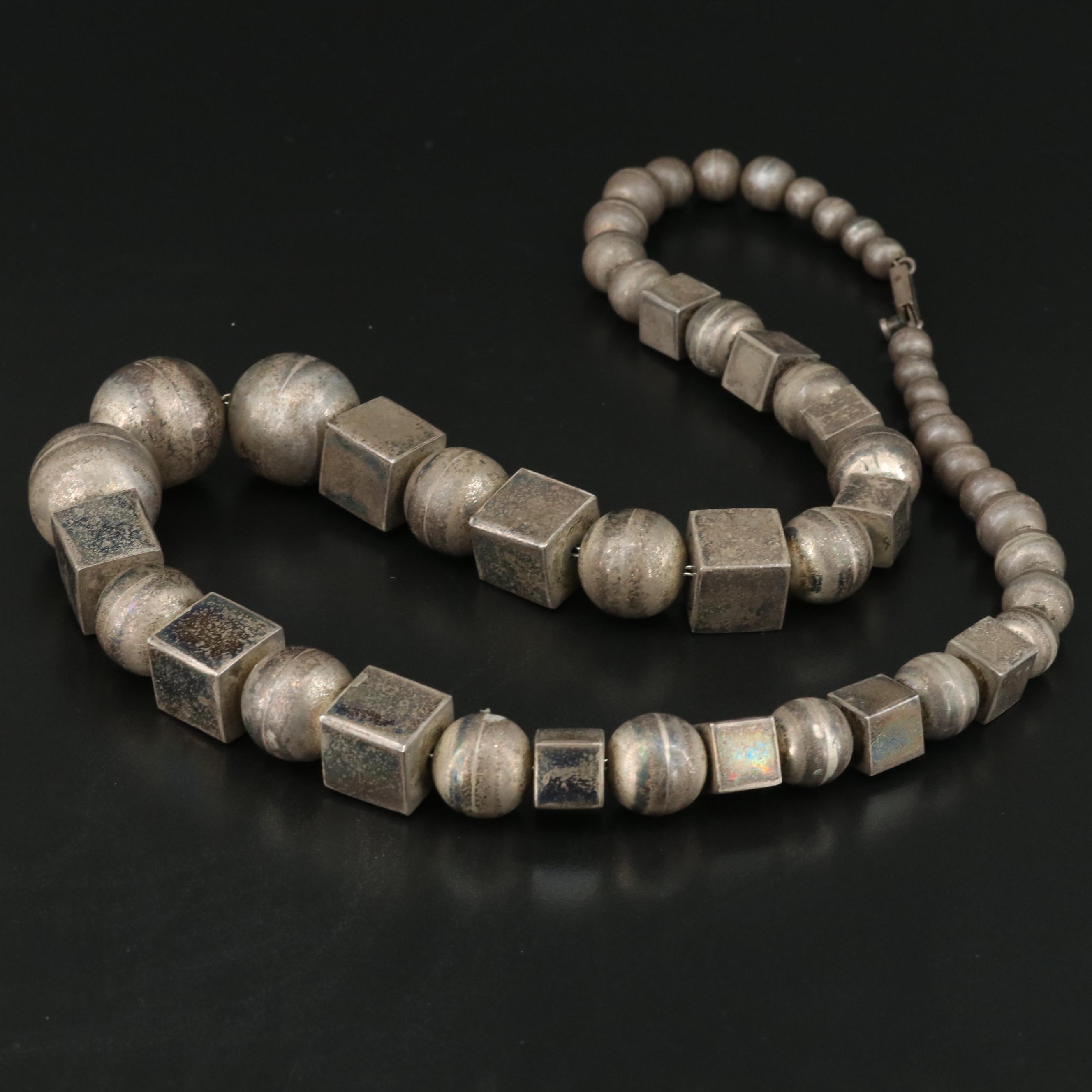 Vintage Mexican Sterling Square and Round Bead Necklace