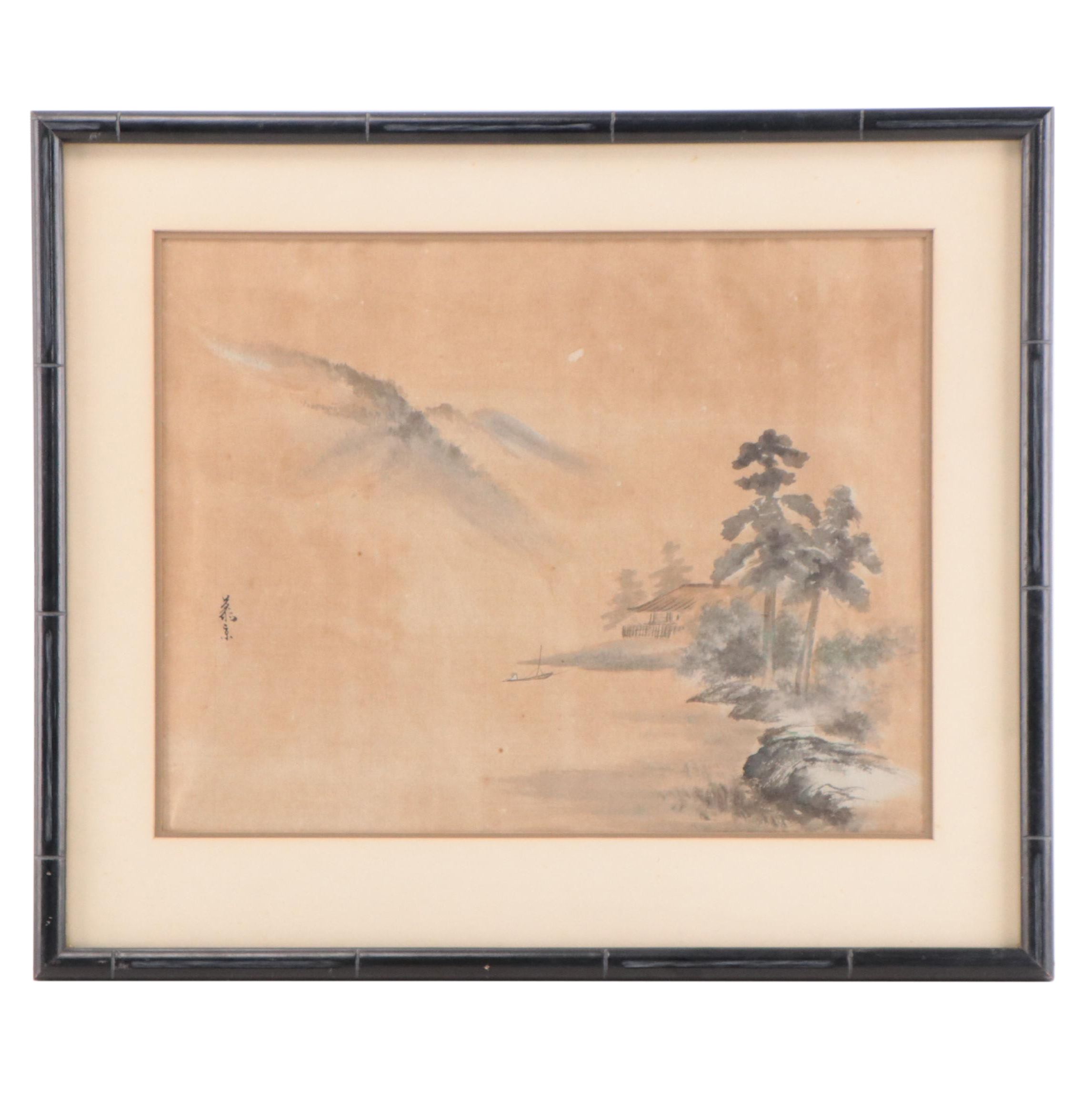 East Asian Landscape Watercolor Painting of Mountain Lake Scene