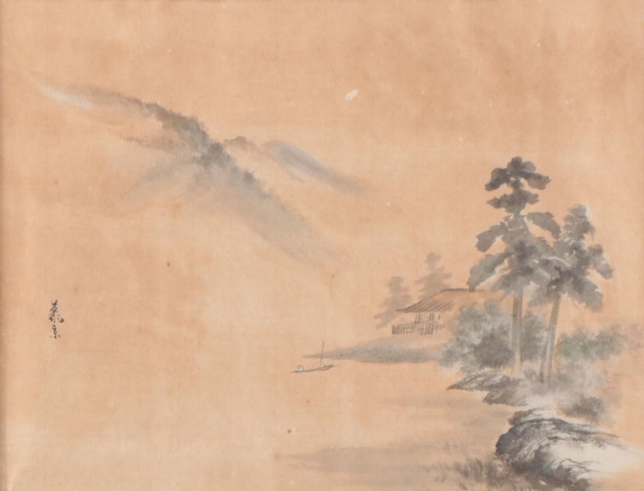 East Asian Landscape Watercolor Painting of Mountain Lake Scene