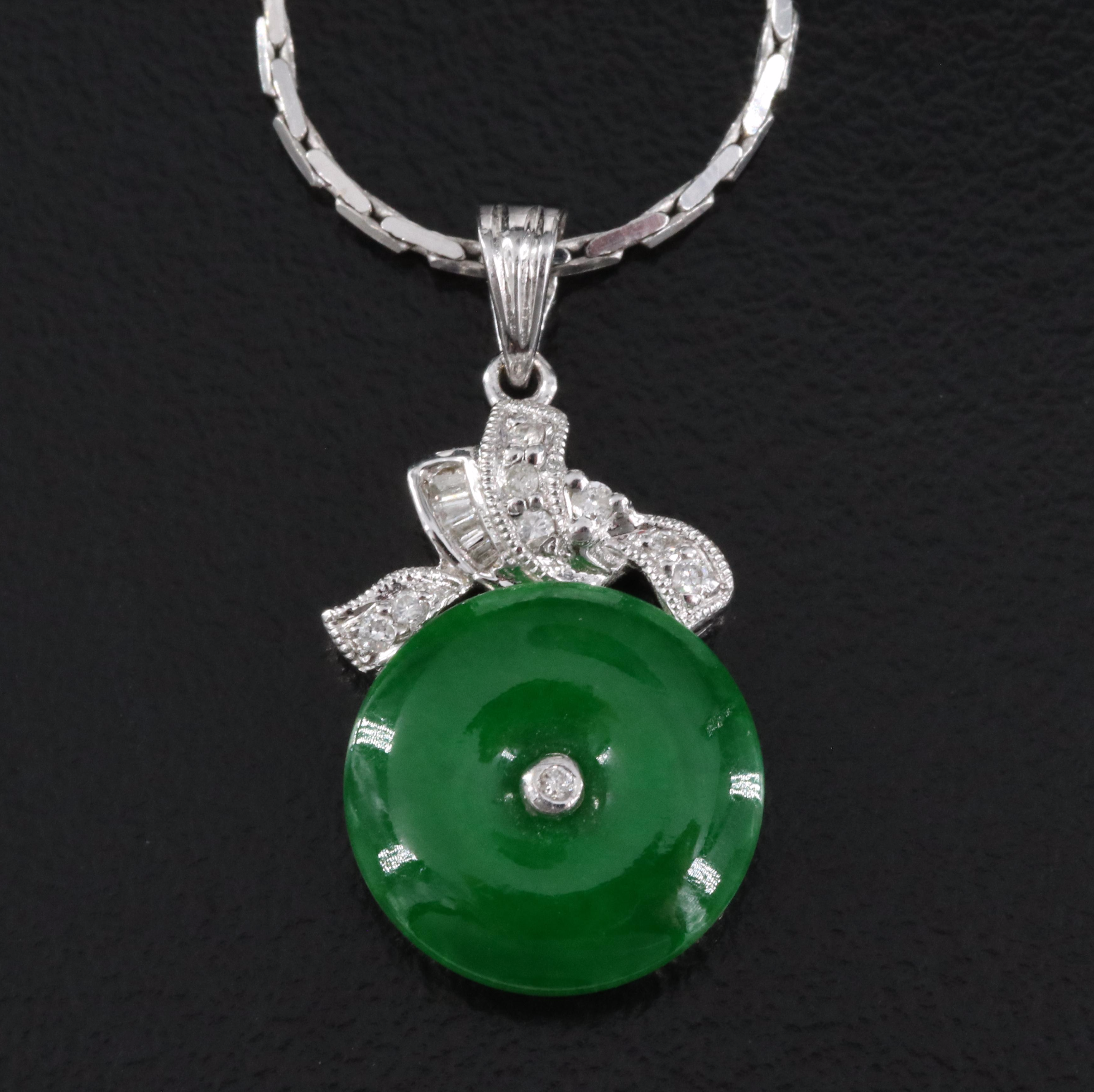 Vintage 10K Bi Jadeite and Diamond Pendant Necklace