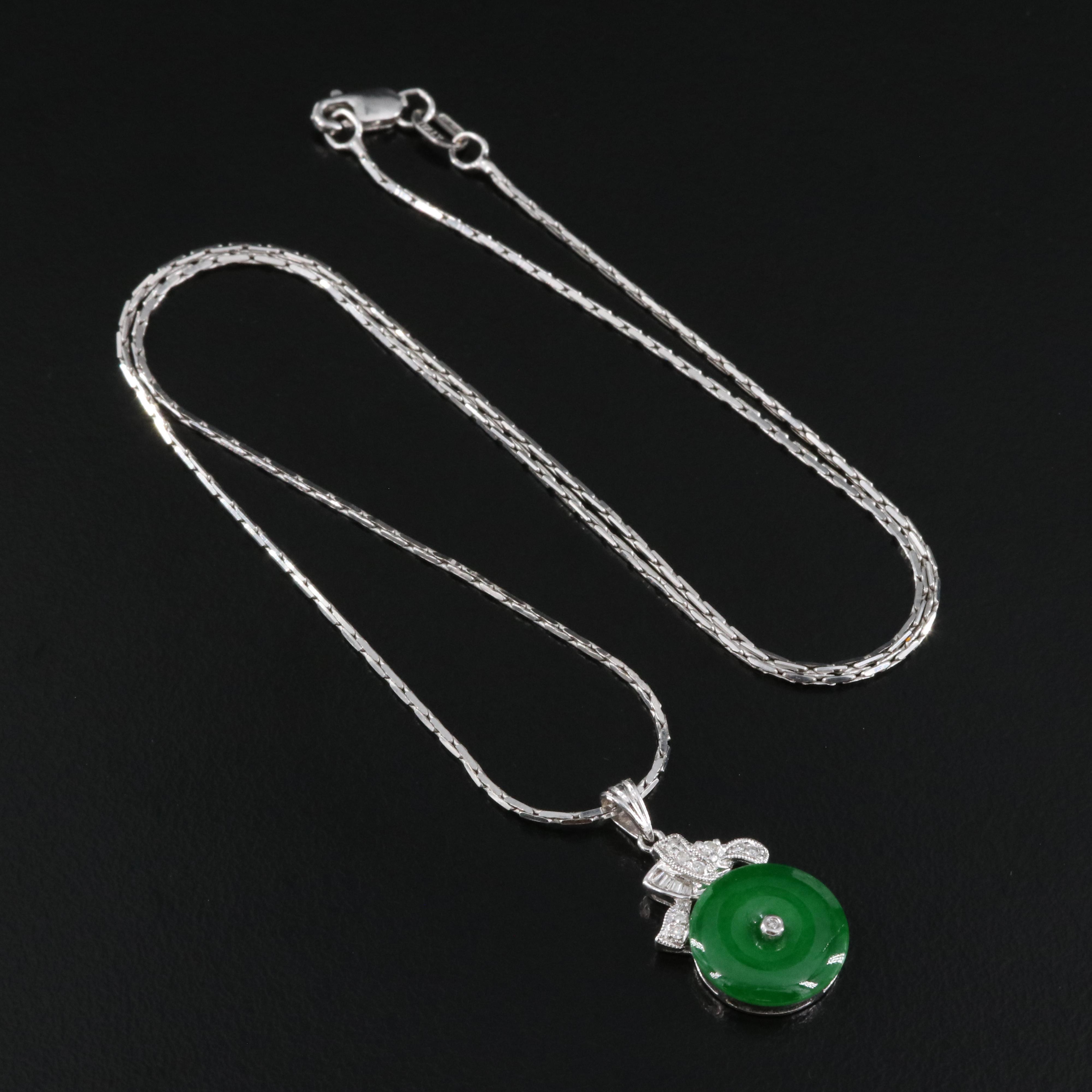 Vintage 10K Bi Jadeite and Diamond Pendant Necklace