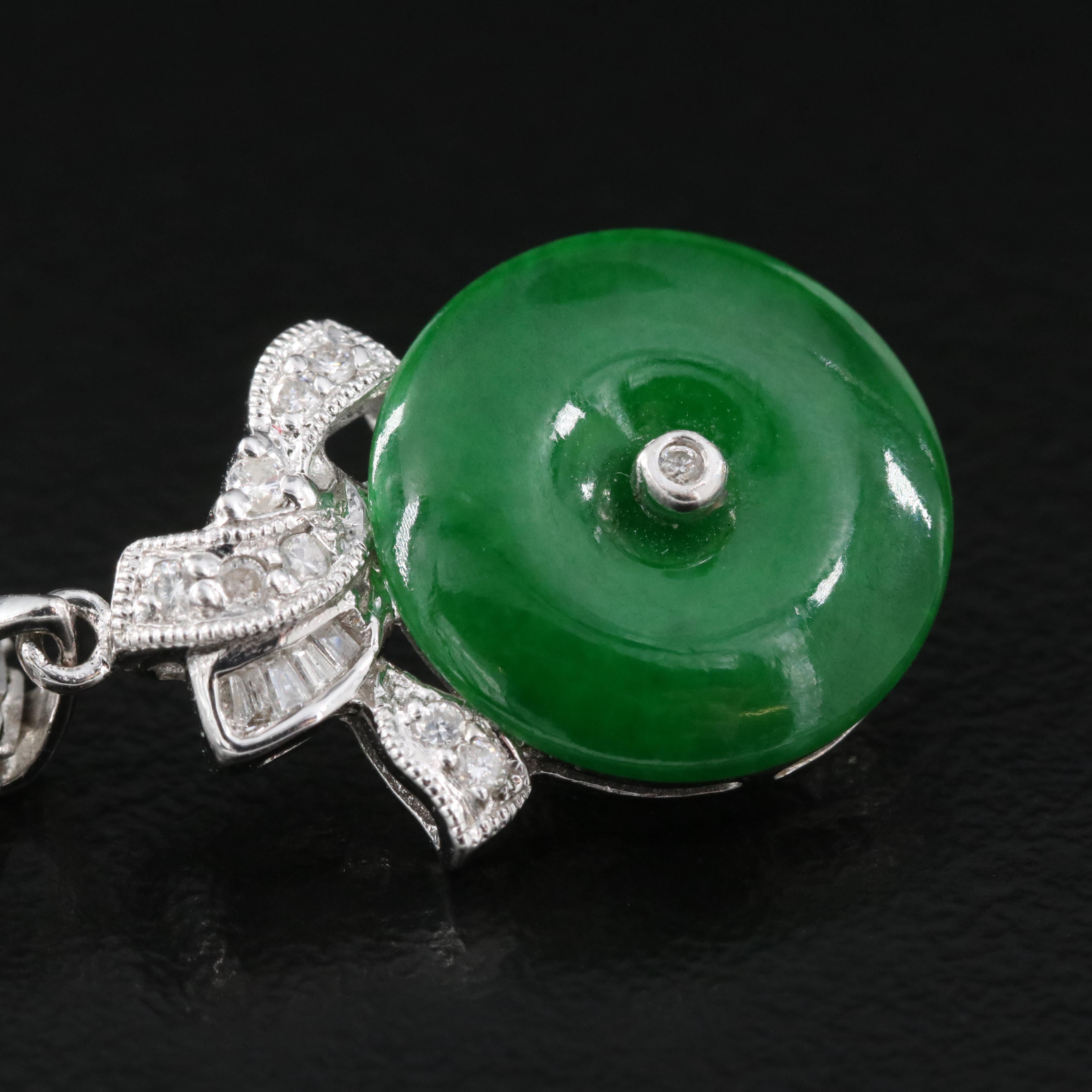 Vintage 10K Bi Jadeite and Diamond Pendant Necklace