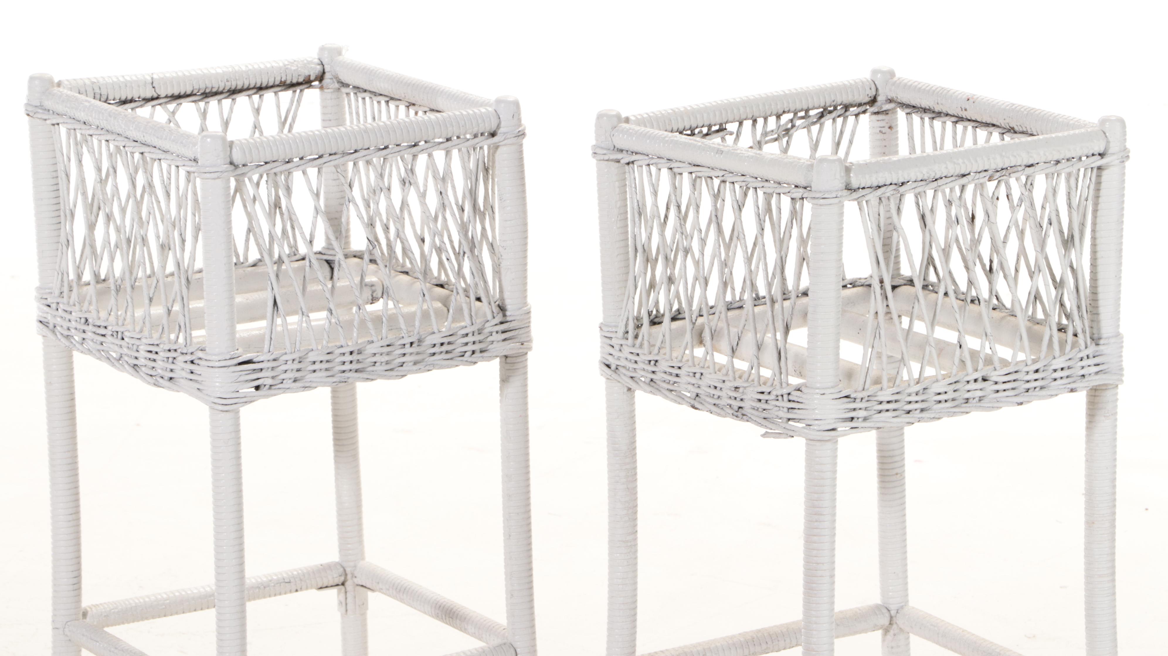 Pair of White Wicker Plant Stands