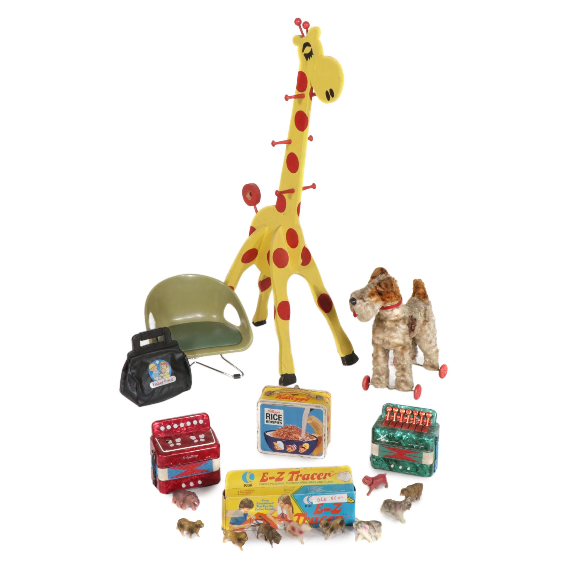 Wooden Giraffe Shaped Coat Rack with Rice Crispy Treats Lunch Box and Other Toys