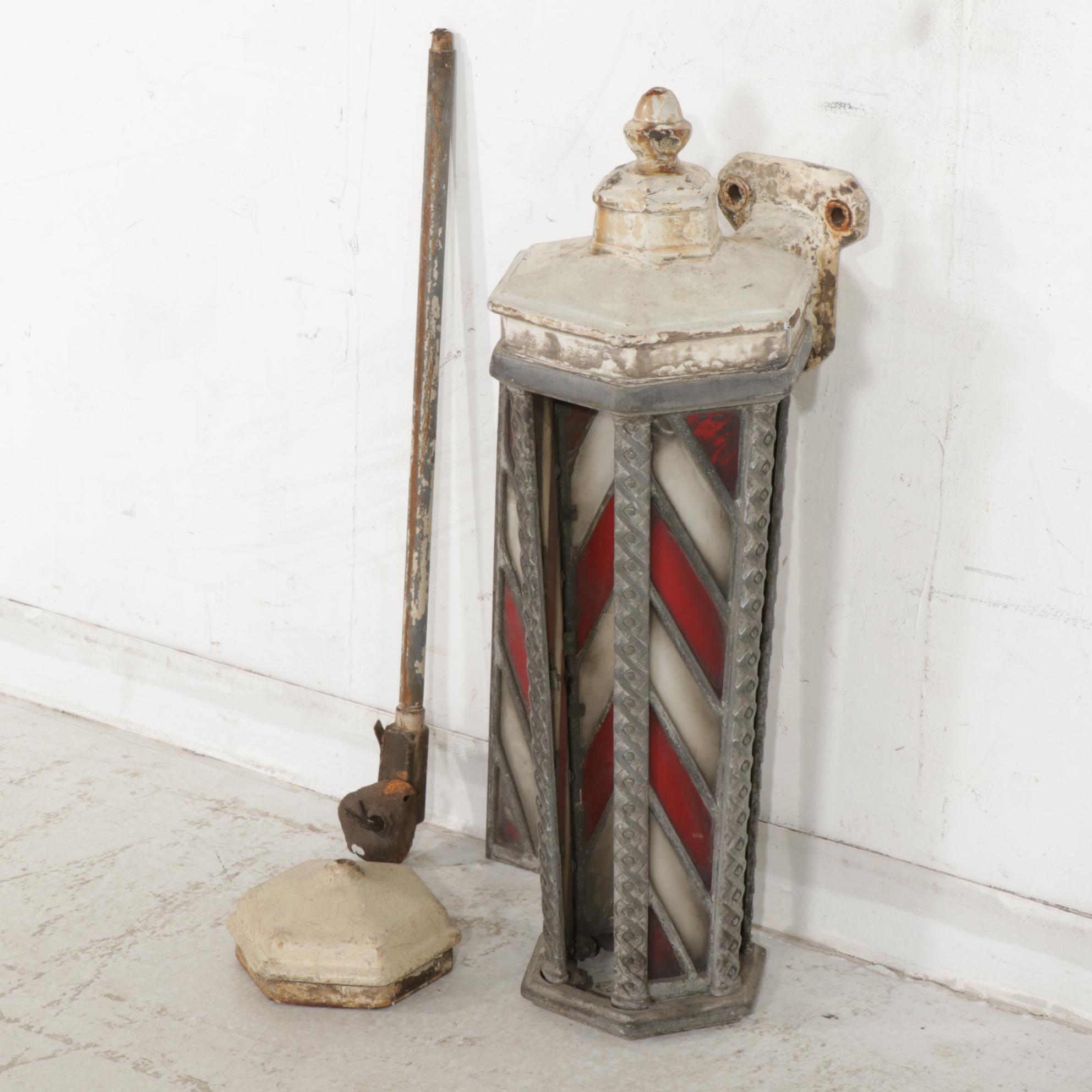 Metal With Red and White Glass Barber/Surgeon's Pole Wall Light, Early 20th C
