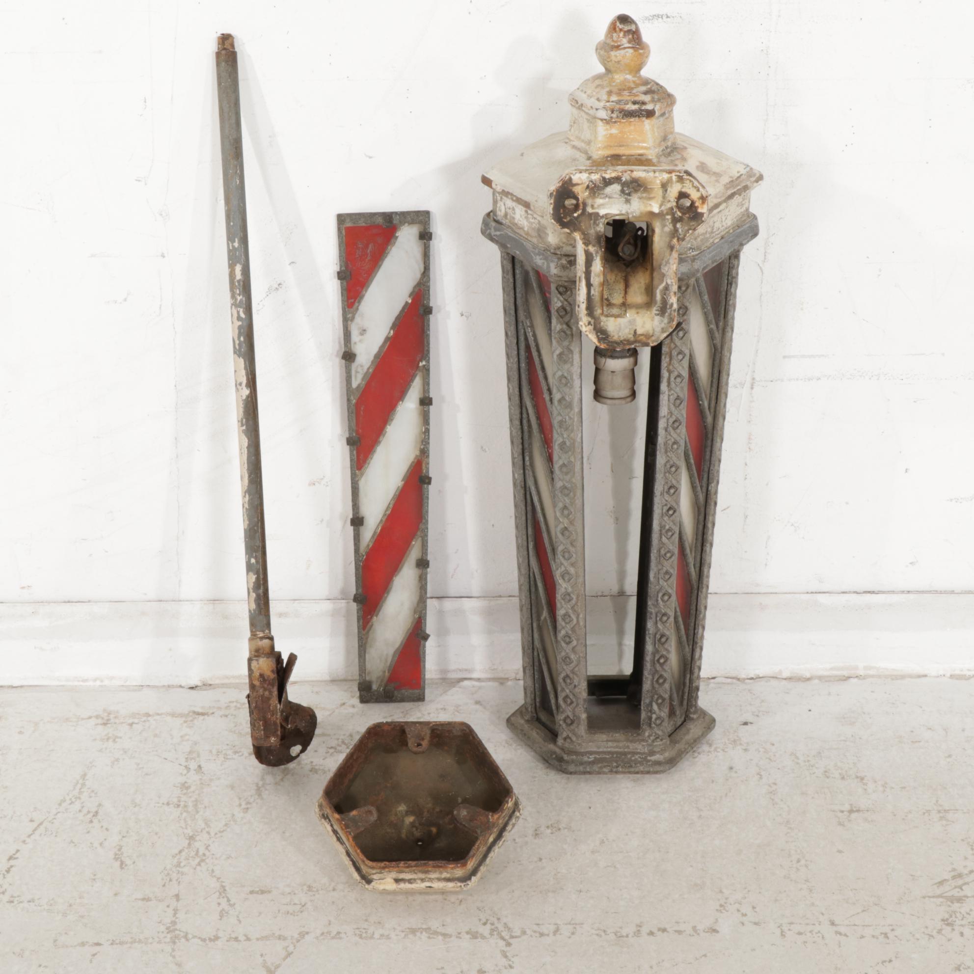 Metal With Red and White Glass Barber/Surgeon's Pole Wall Light, Early 20th C