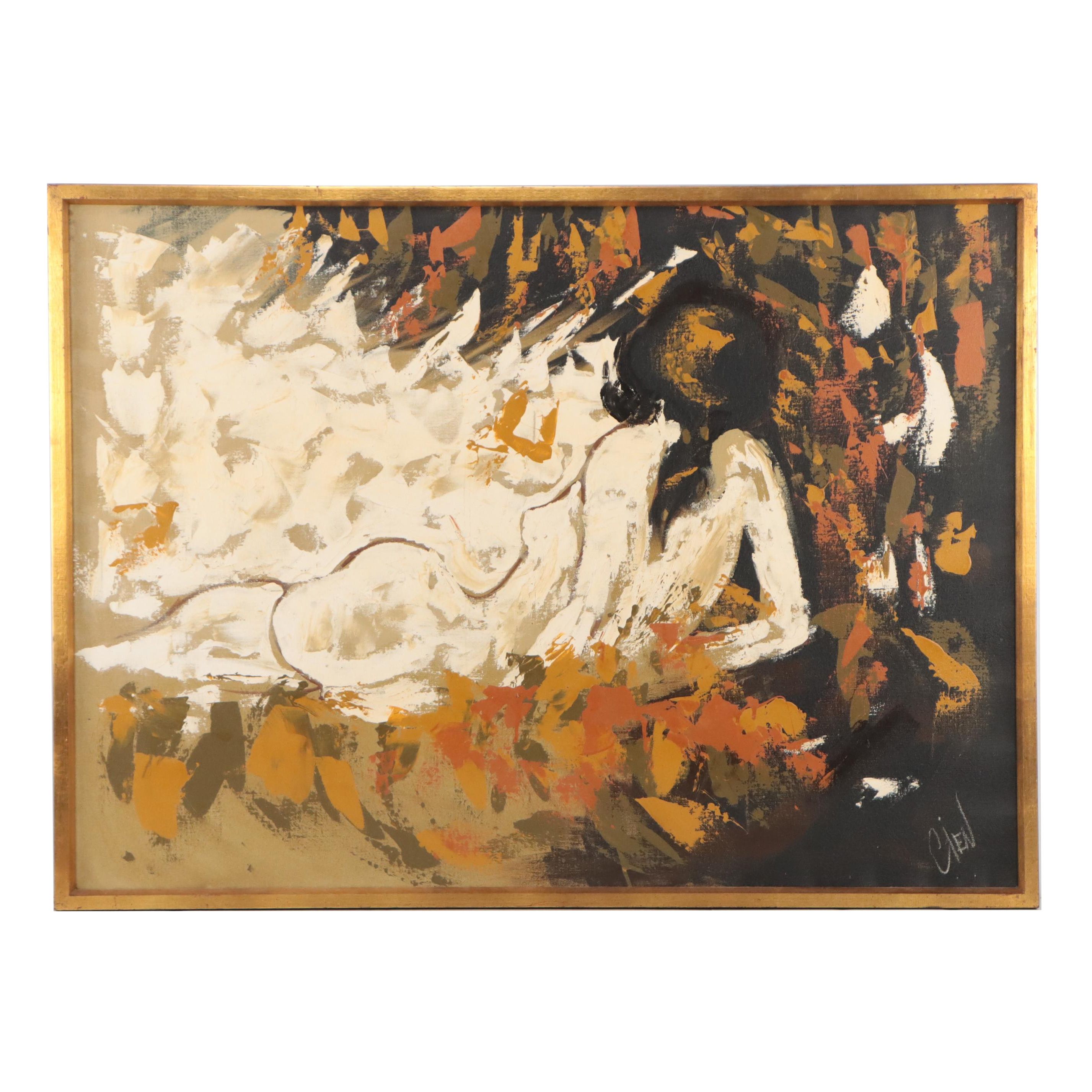 Etta Benjamin Cien Figurative Oil Painting of Reclining Nude, Circa 1960