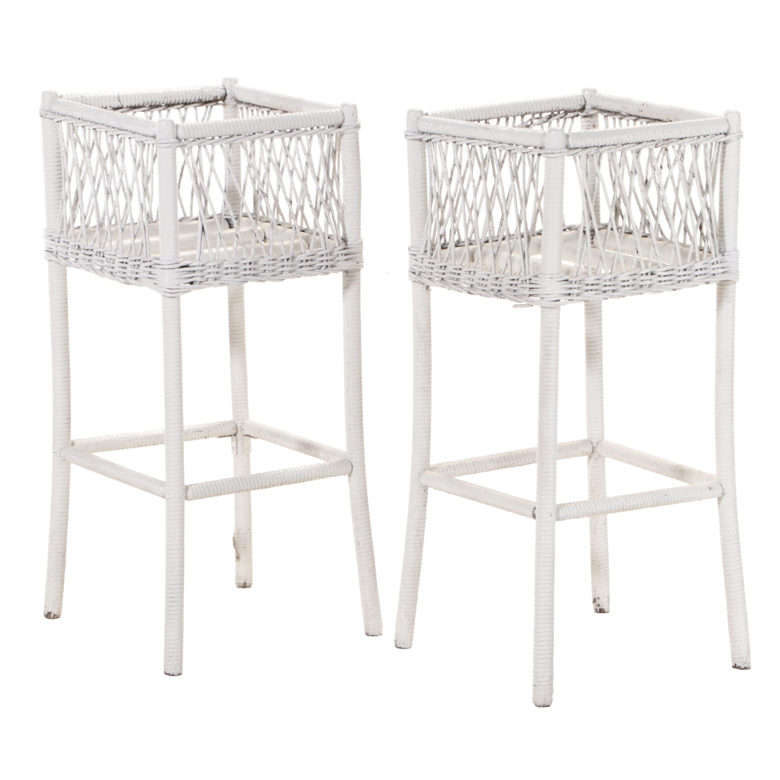 Pair of White Wicker Plant Stands