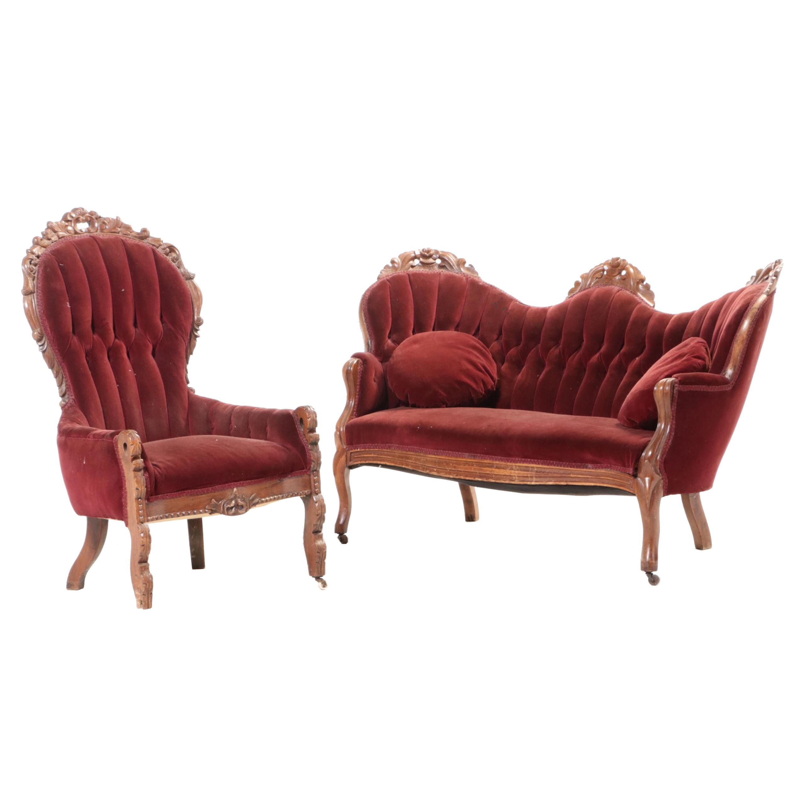 American Rococo Revival Carved Walnut Settee and Parlor Chair, circa 1870