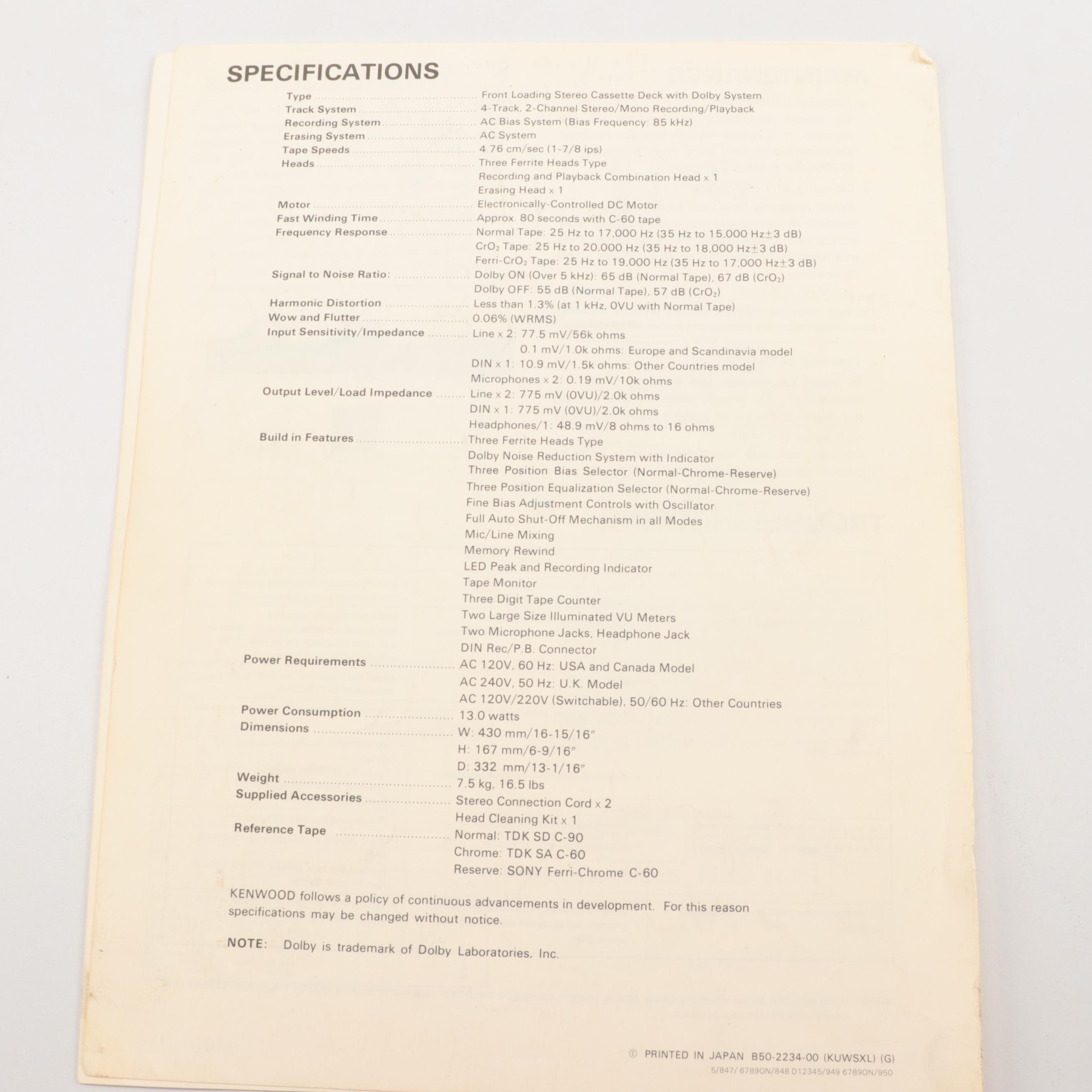 Kenwood KX-1030 Stereo Cassette Tape Deck, 1970s