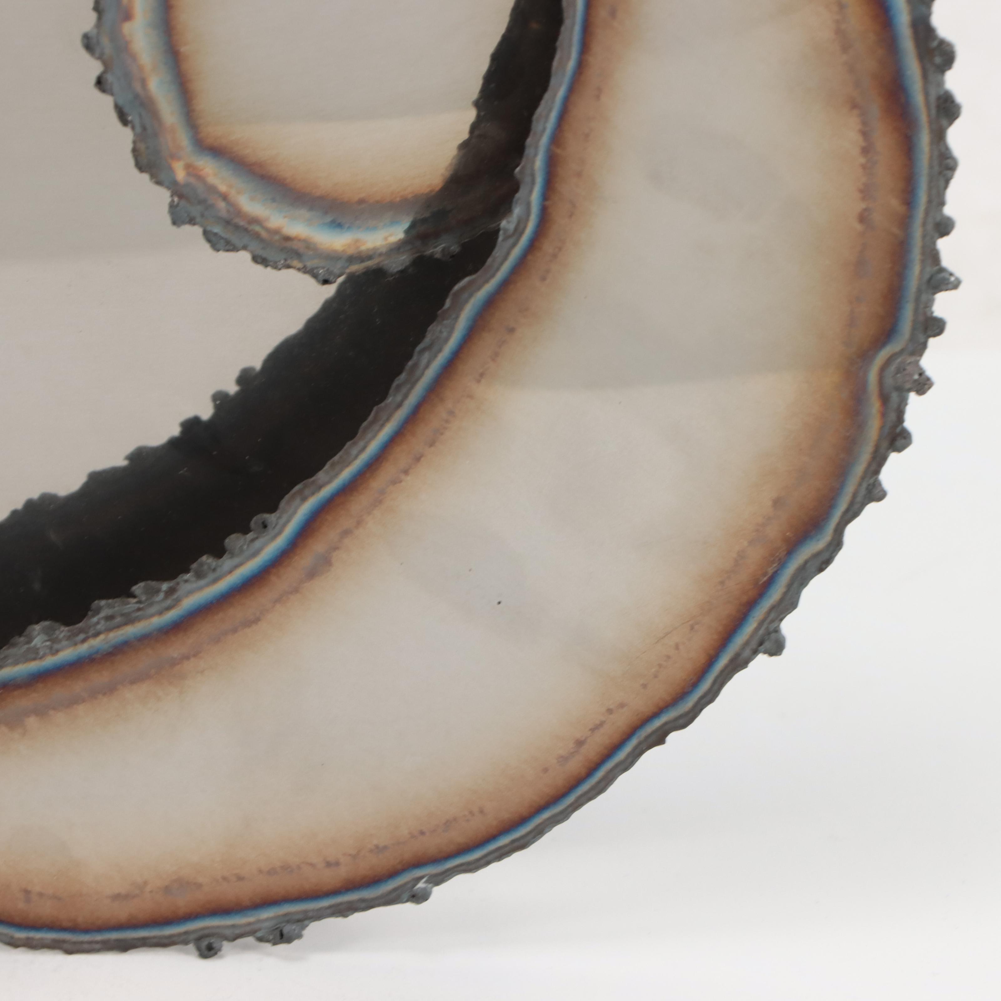 Ron Isaacson Laser Cut Polished Metal Sculpture With Solder Figure, 1977