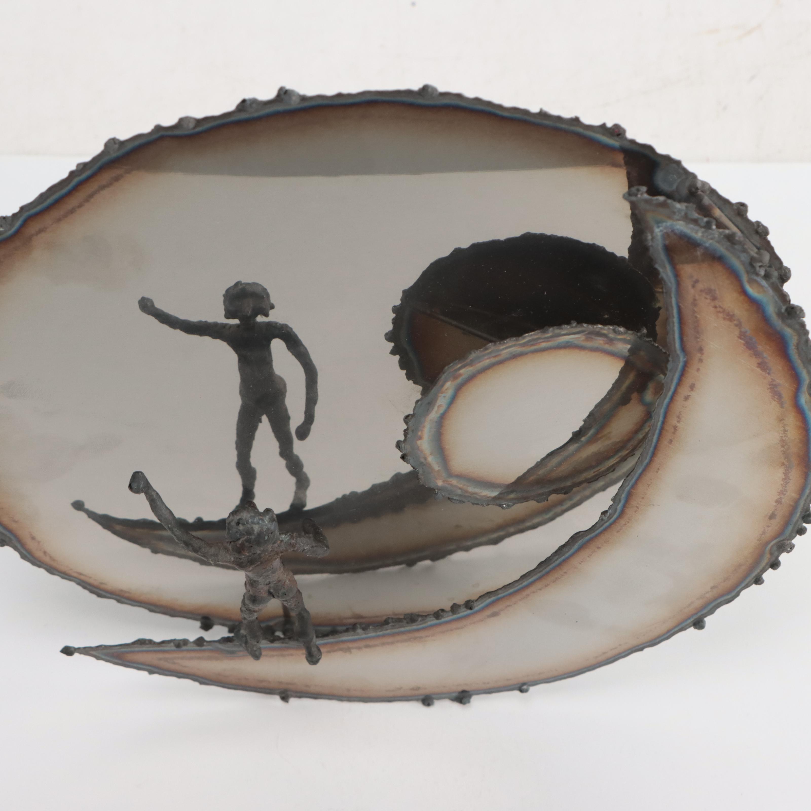 Ron Isaacson Laser Cut Polished Metal Sculpture With Solder Figure, 1977