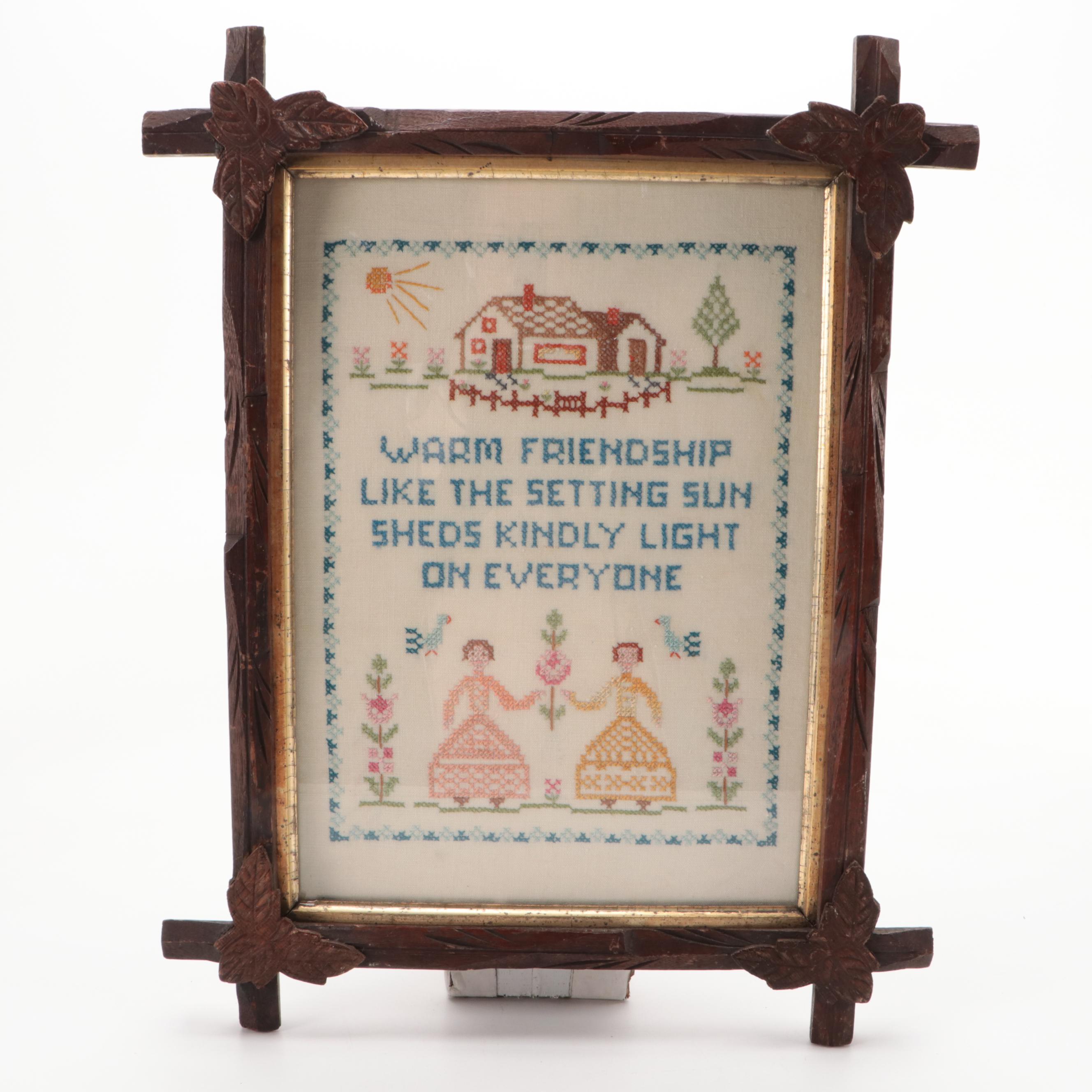 Handmade Cross-Stitch Samplers in Black Forest Style Walnut Frames