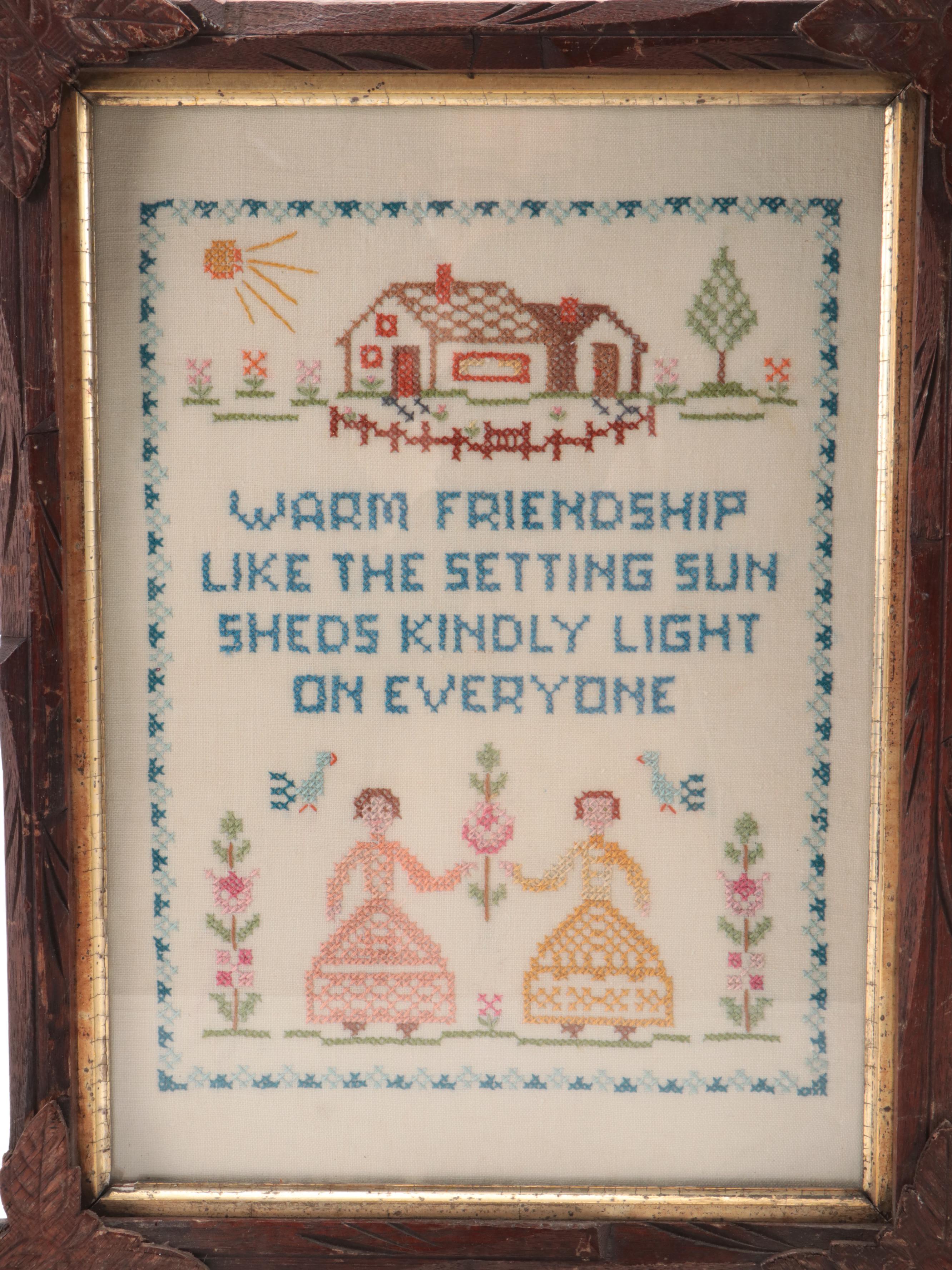 Handmade Cross-Stitch Samplers in Black Forest Style Walnut Frames