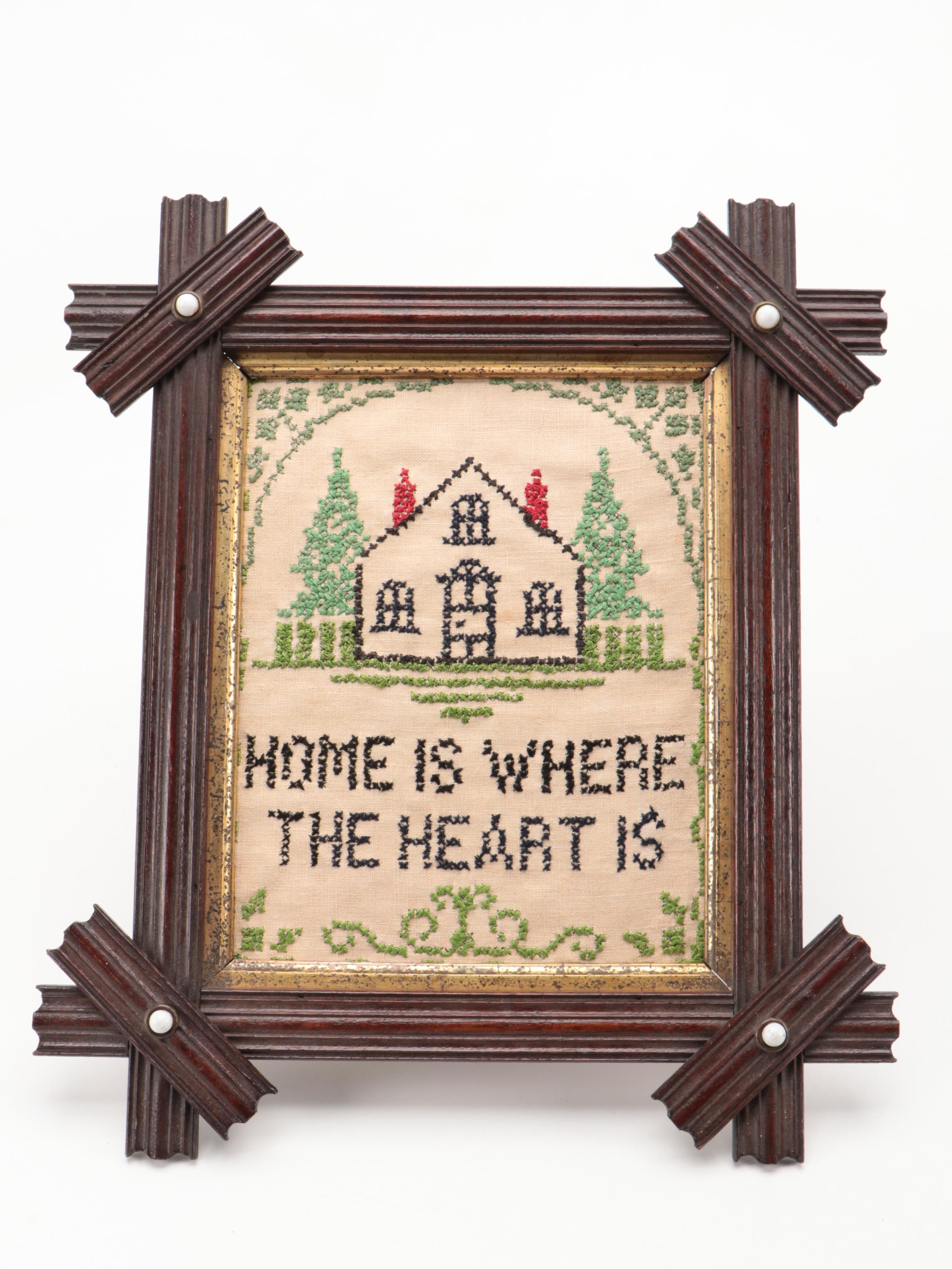 Handmade Cross-Stitch Samplers in Black Forest Style Walnut Frames