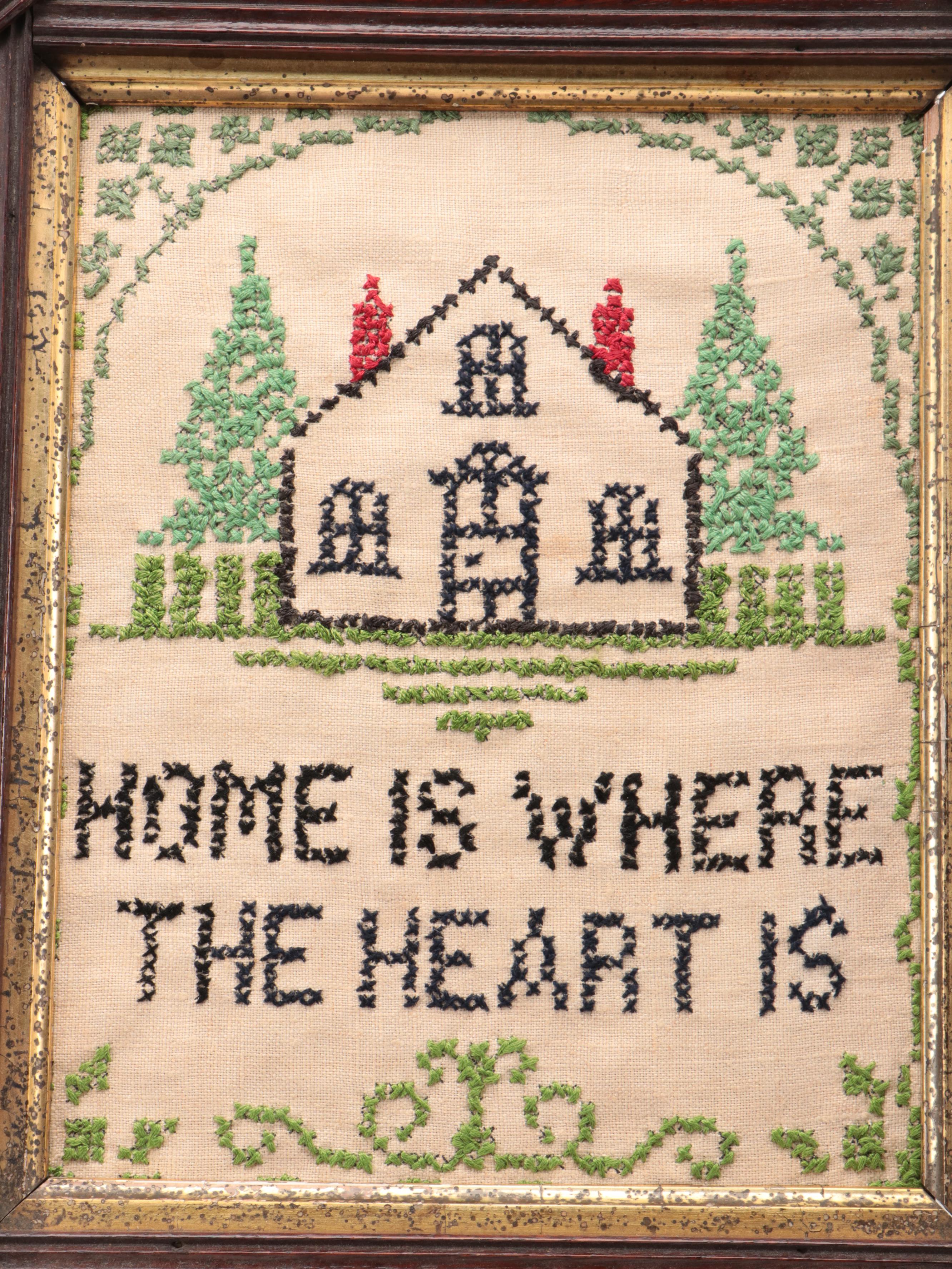 Handmade Cross-Stitch Samplers in Black Forest Style Walnut Frames