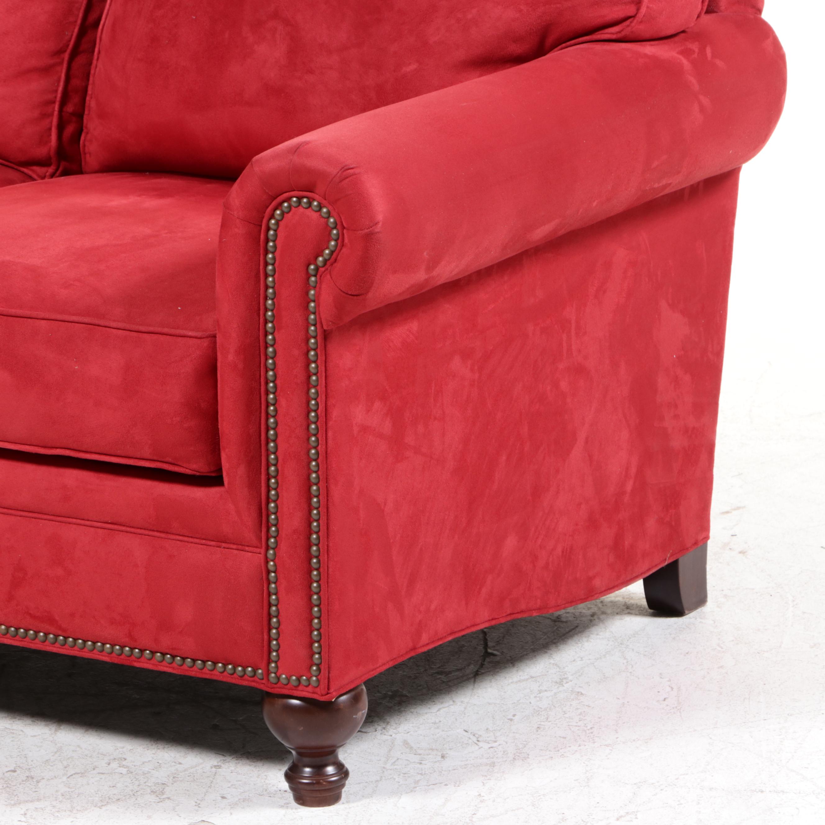 Broyhill Red Microfiber Roll-Arm Sofa with Nailheads