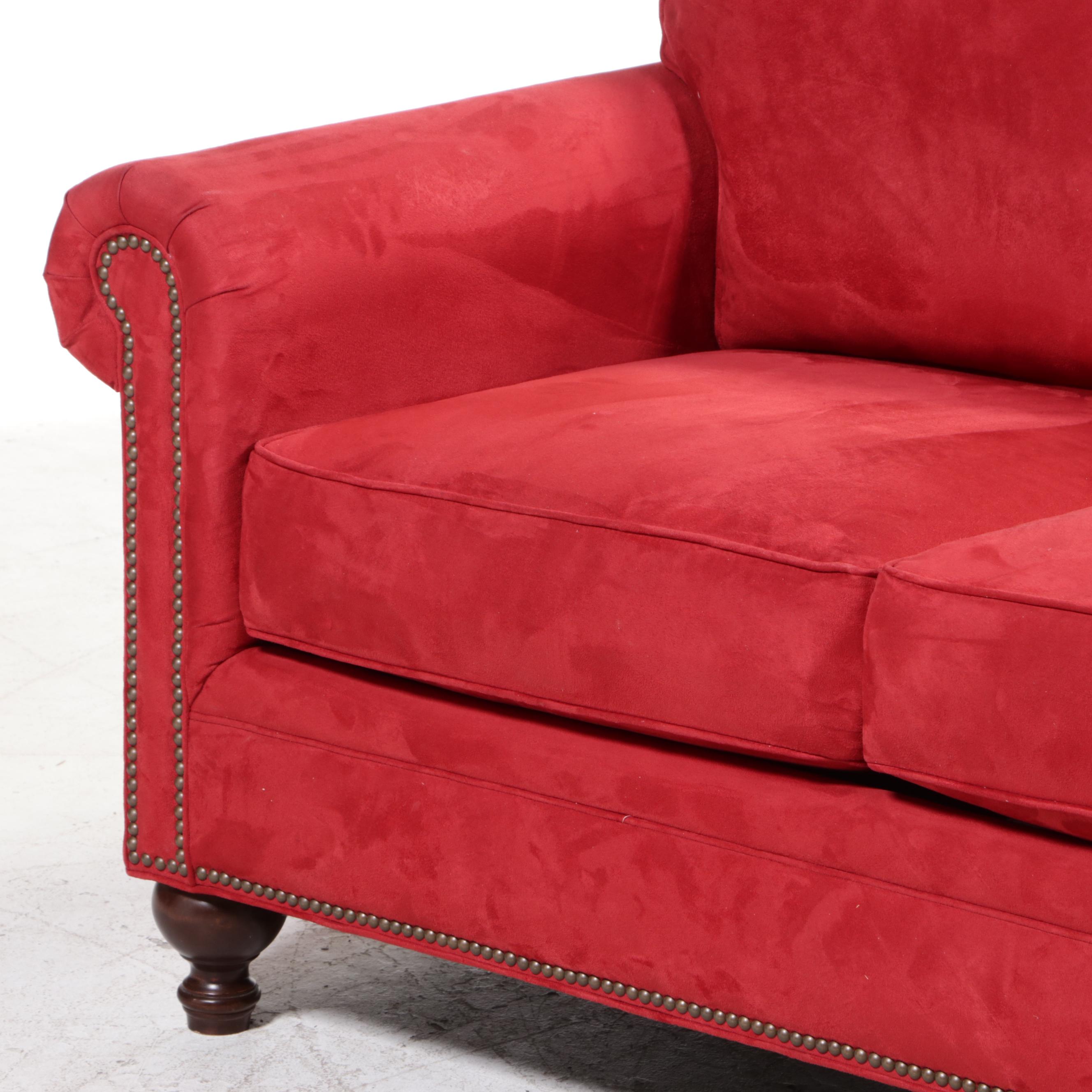 Broyhill Red Microfiber Roll-Arm Sofa with Nailheads