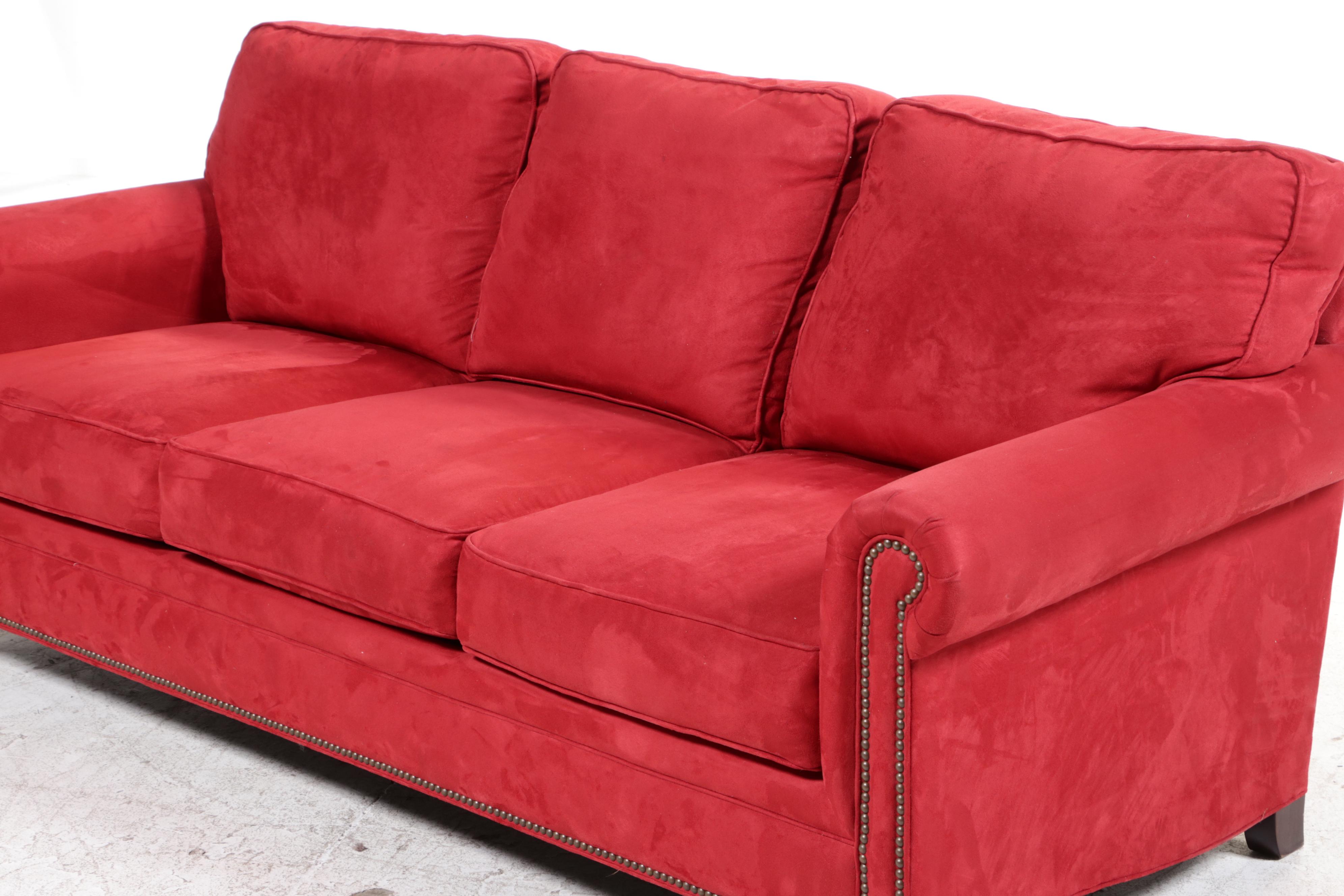 Broyhill Red Microfiber Roll-Arm Sofa with Nailheads