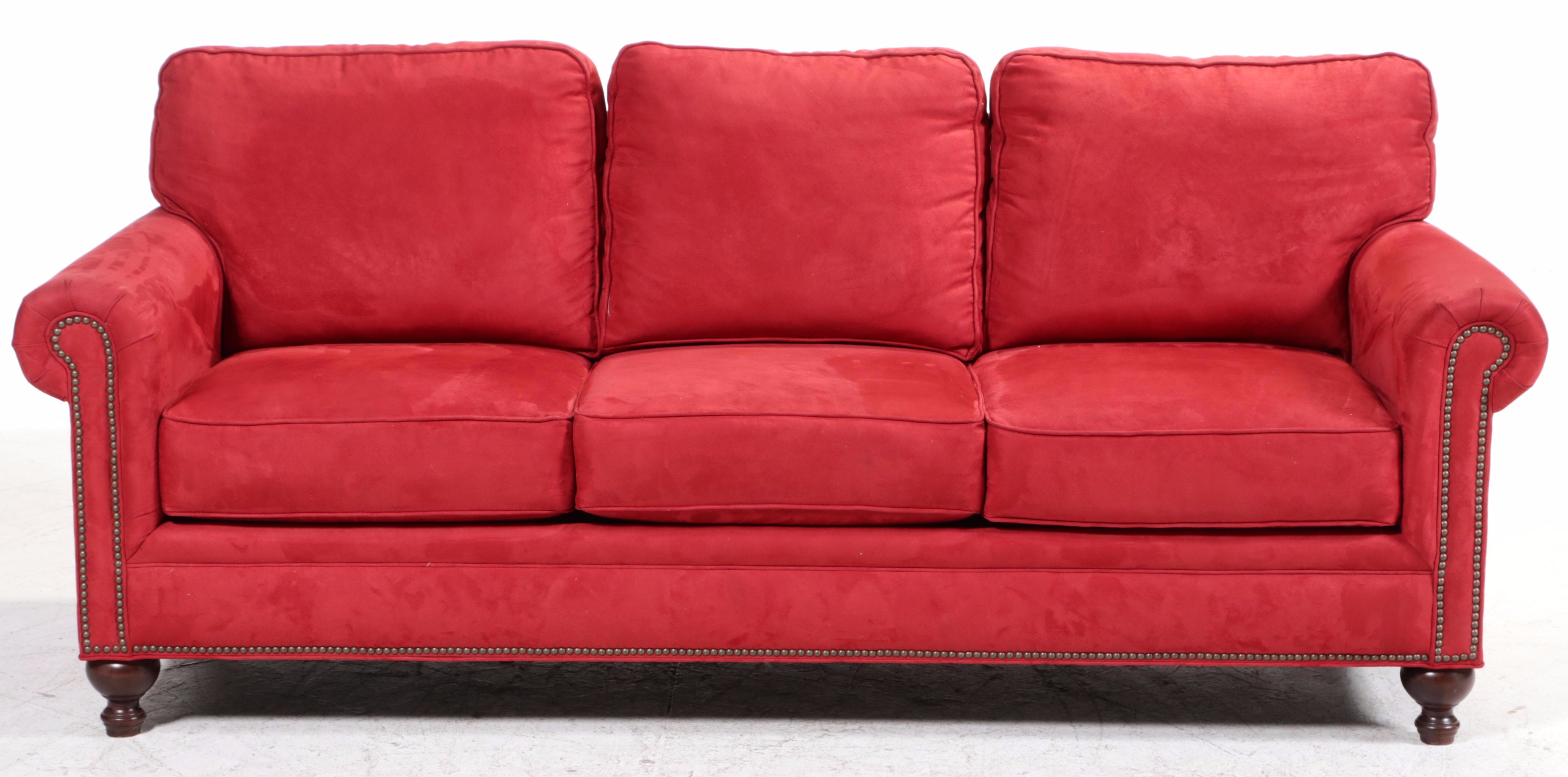 Broyhill Red Microfiber Roll-Arm Sofa with Nailheads