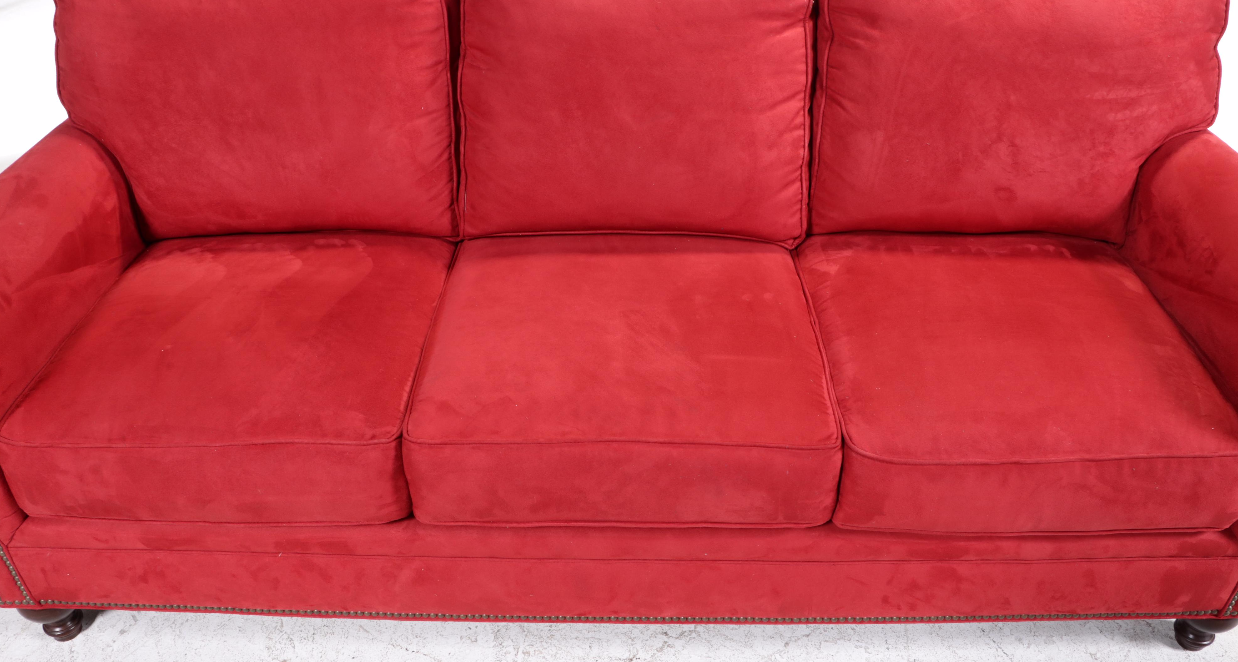 Broyhill Red Microfiber Roll-Arm Sofa with Nailheads