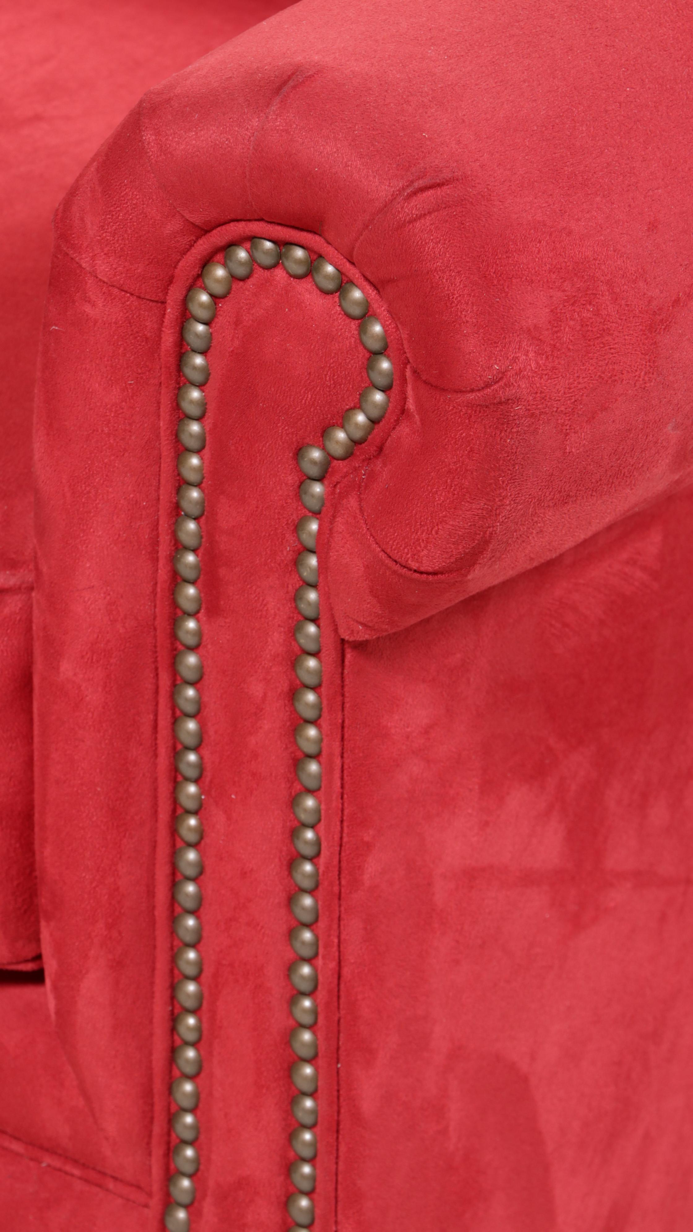 Broyhill Red Microfiber Roll-Arm Sofa with Nailheads