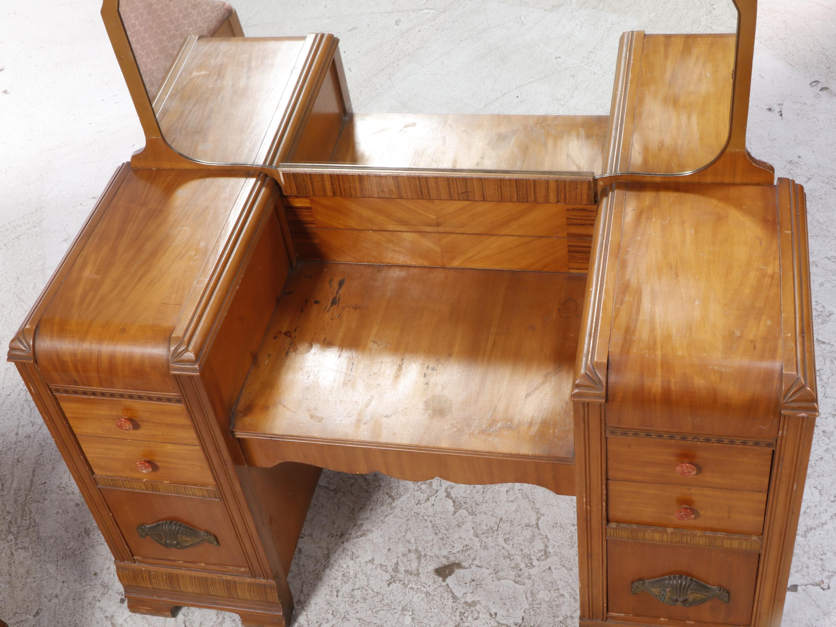 Webb Furniture Co. Art Deco Waterfall Vanity Table and Stool, circa 1930