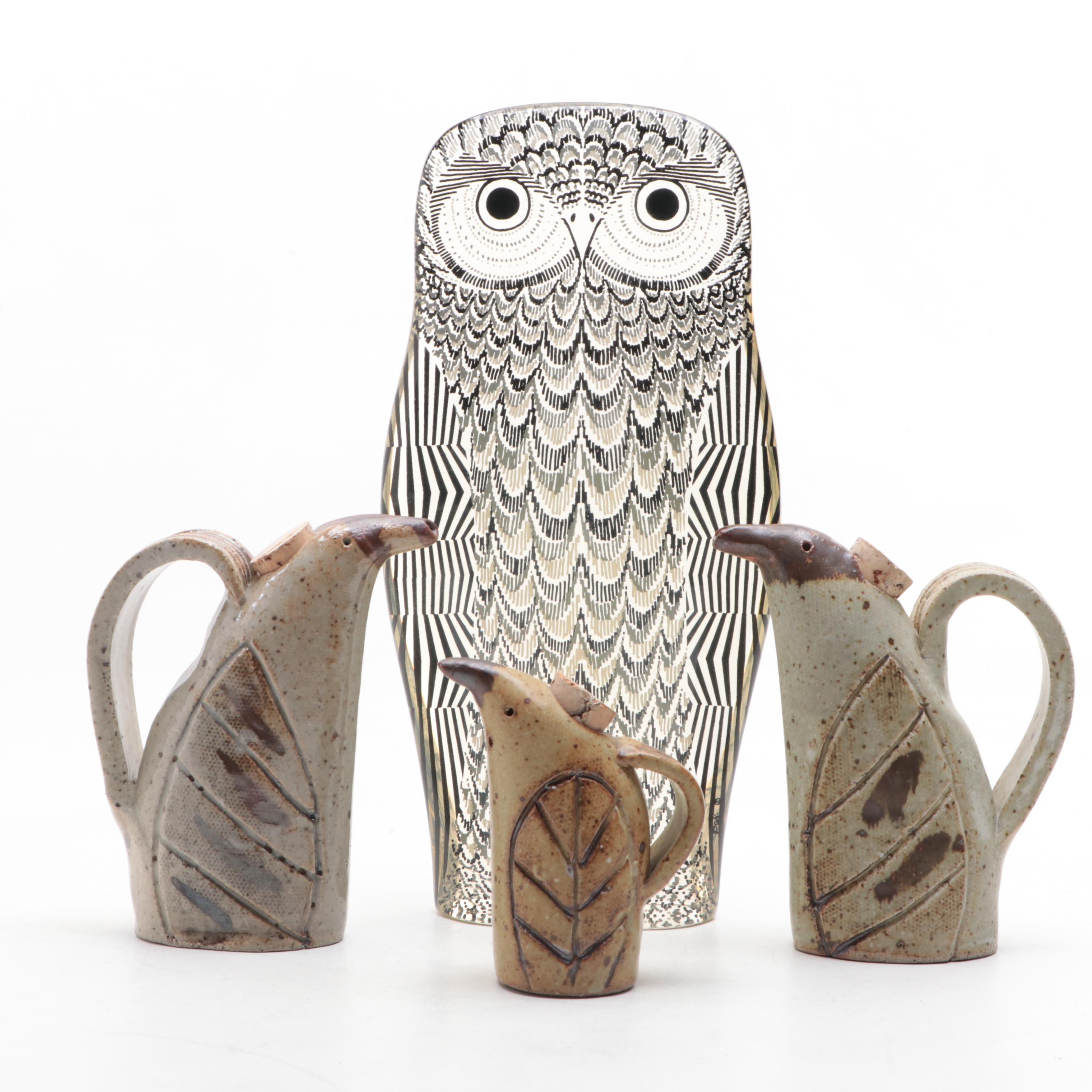 Abraham Palatnik Lucite Owl Sculpture with Bird Motif Ceramic Shakers