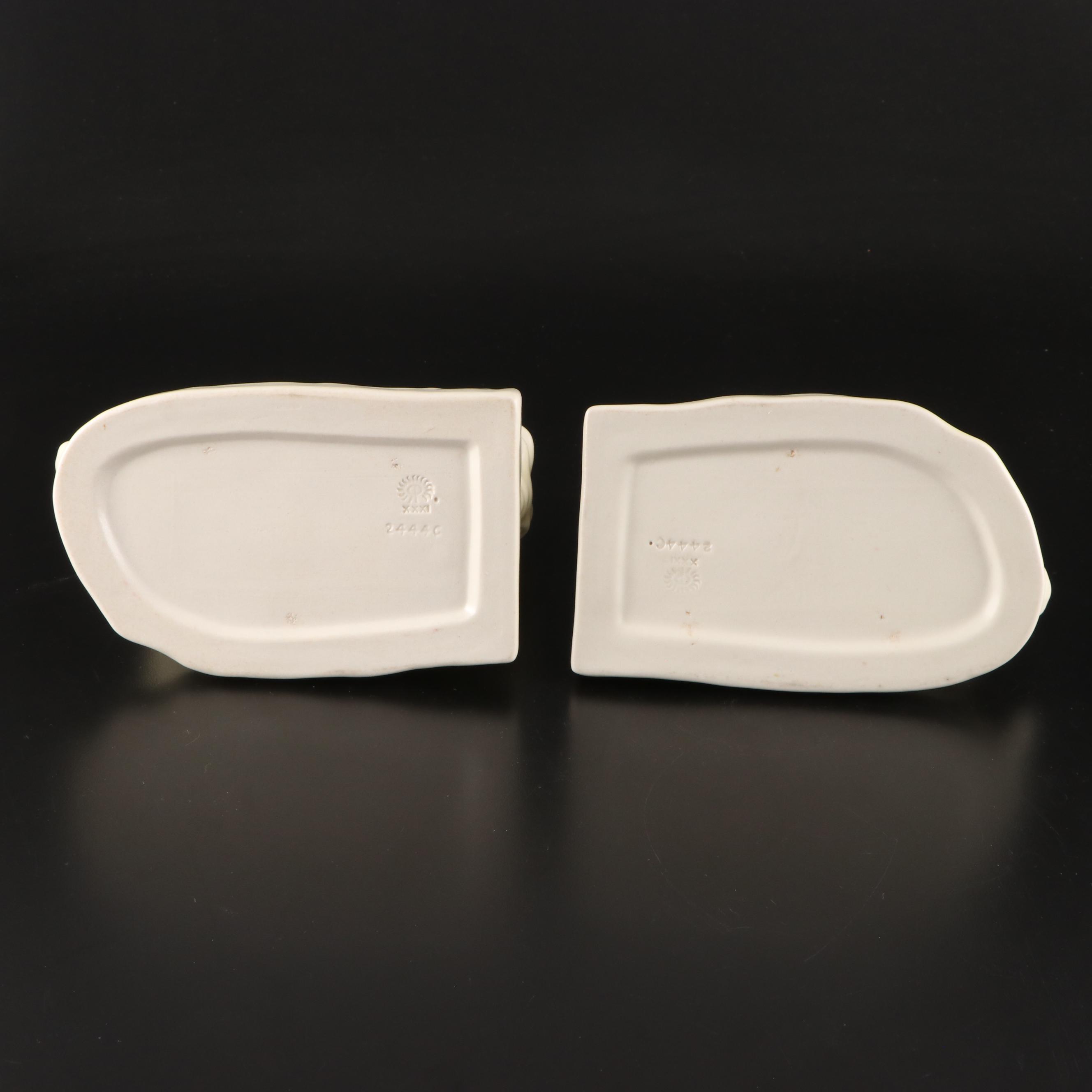 Rookwood Pottery Ivory Glaze Elephant Bookends with Bird on Leaf Figurine