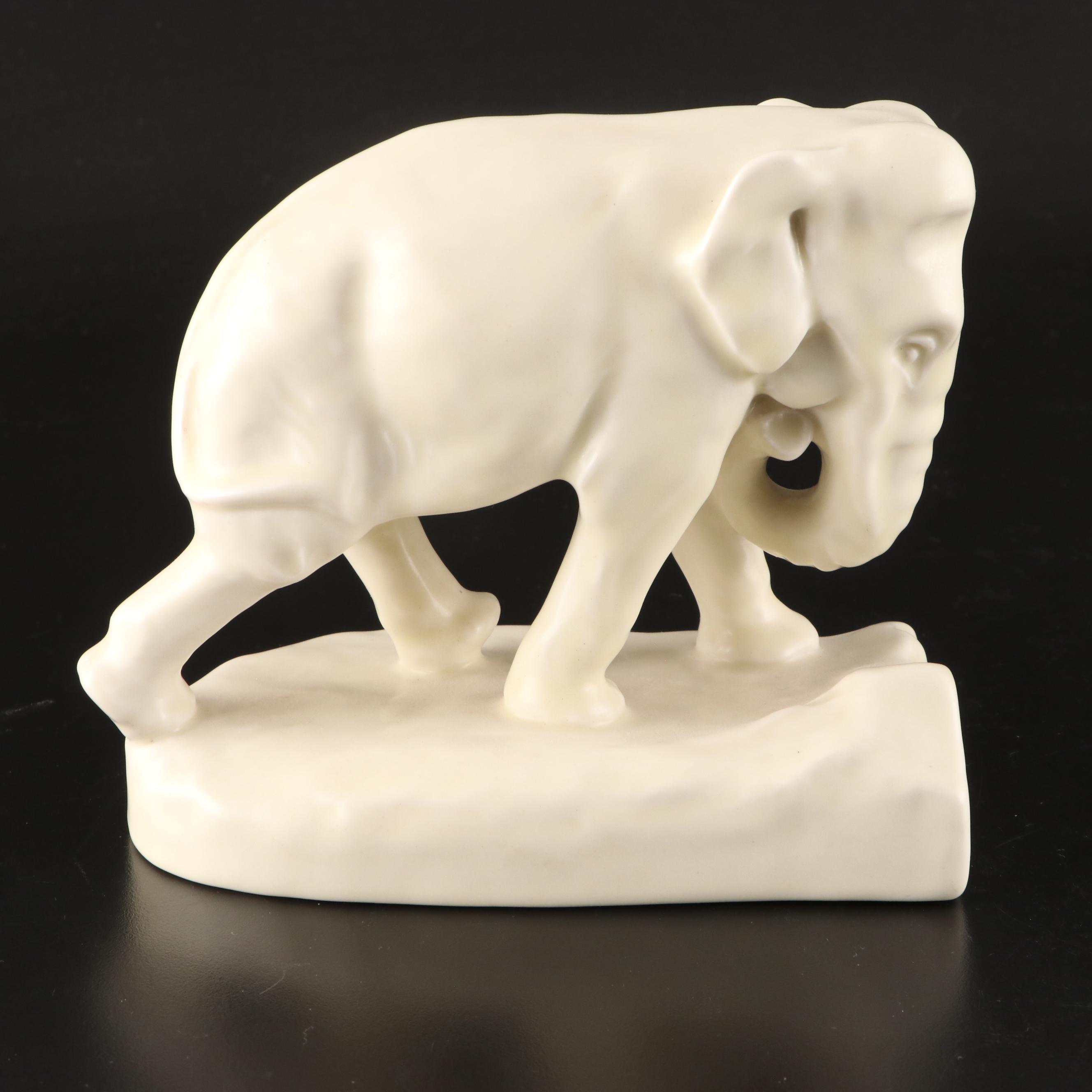 Rookwood Pottery Ivory Glaze Elephant Bookends with Bird on Leaf Figurine