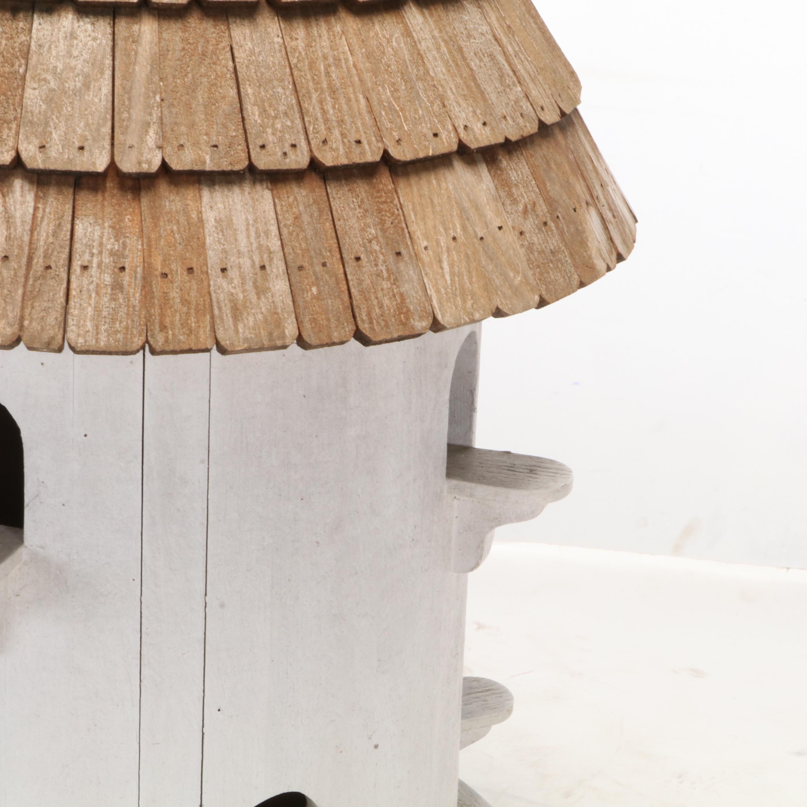 White Painted Cedar Wood Post Mounted Shingled Bird House