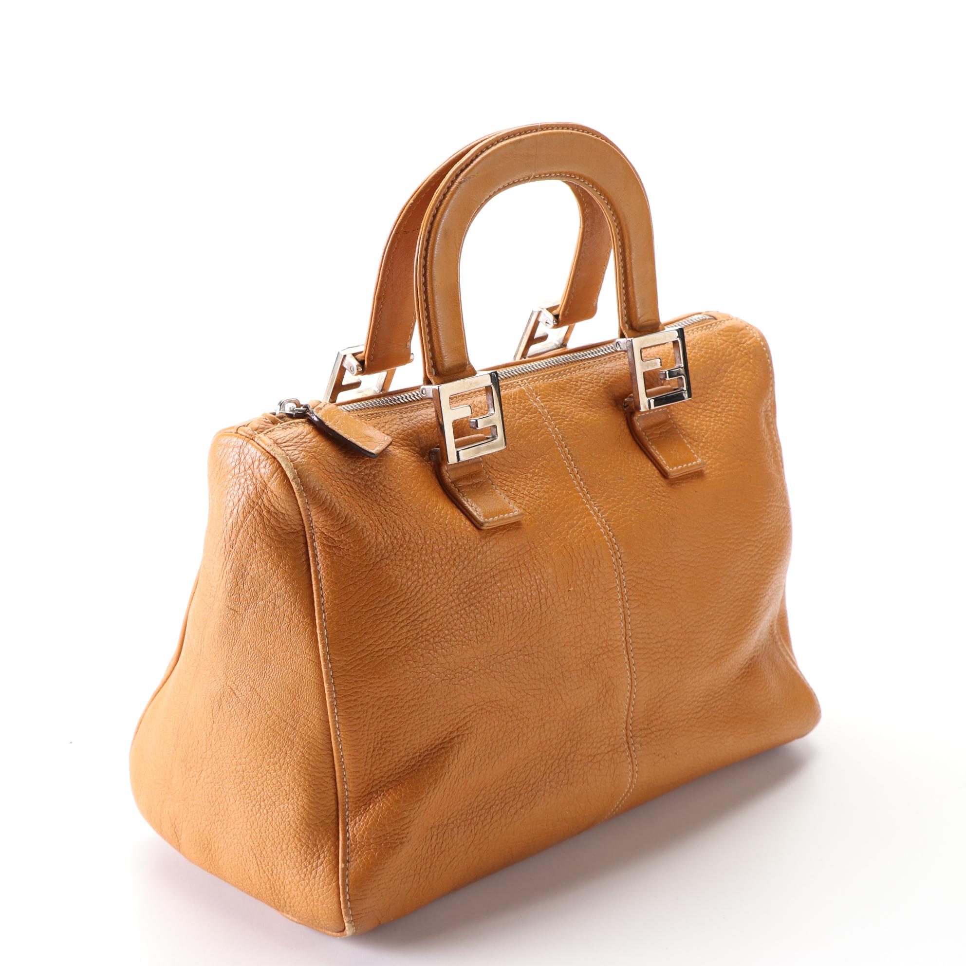 Fendi Top Handle Handbag in Pebbled Leather with Contrast Stitch Detail