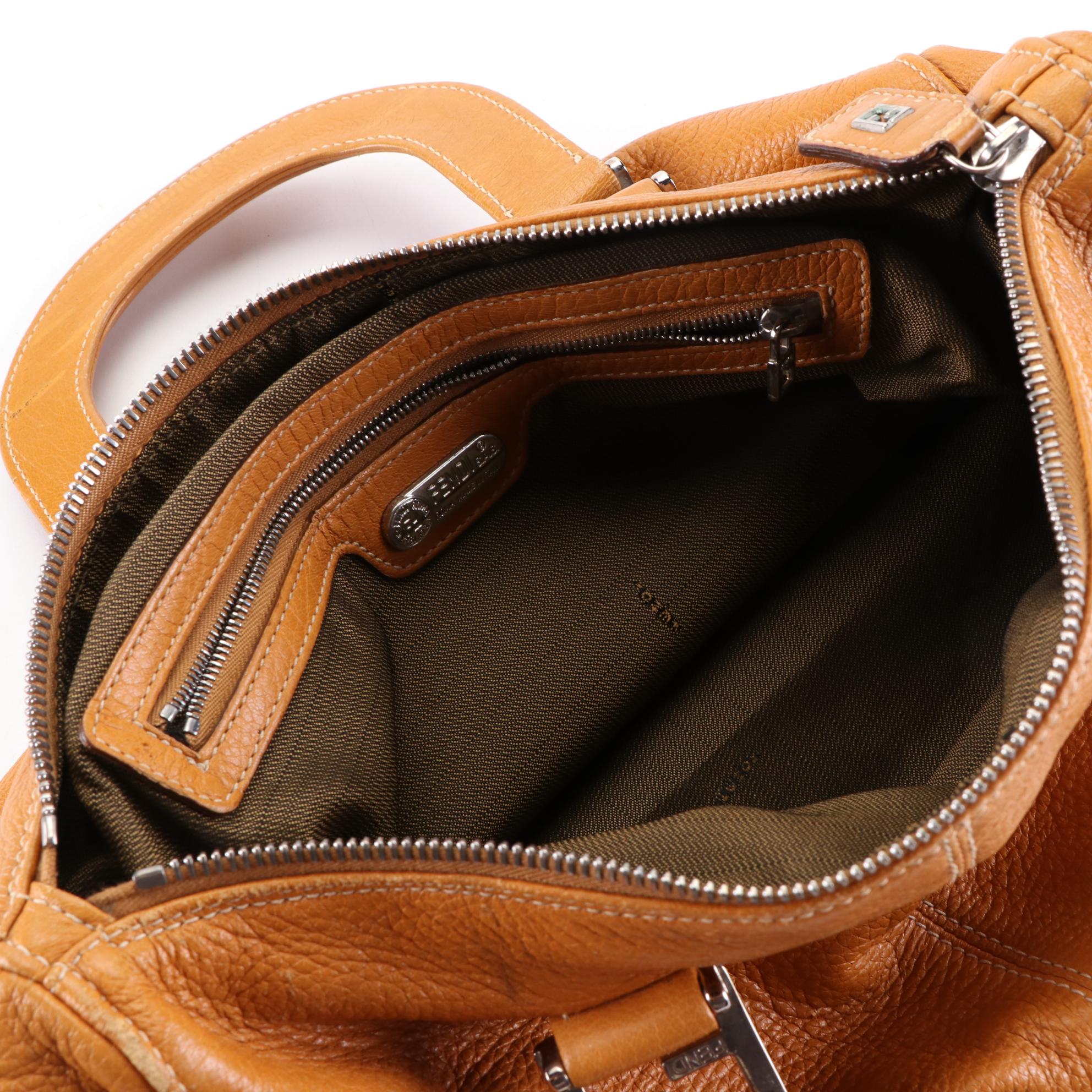 Fendi Top Handle Handbag in Pebbled Leather with Contrast Stitch Detail