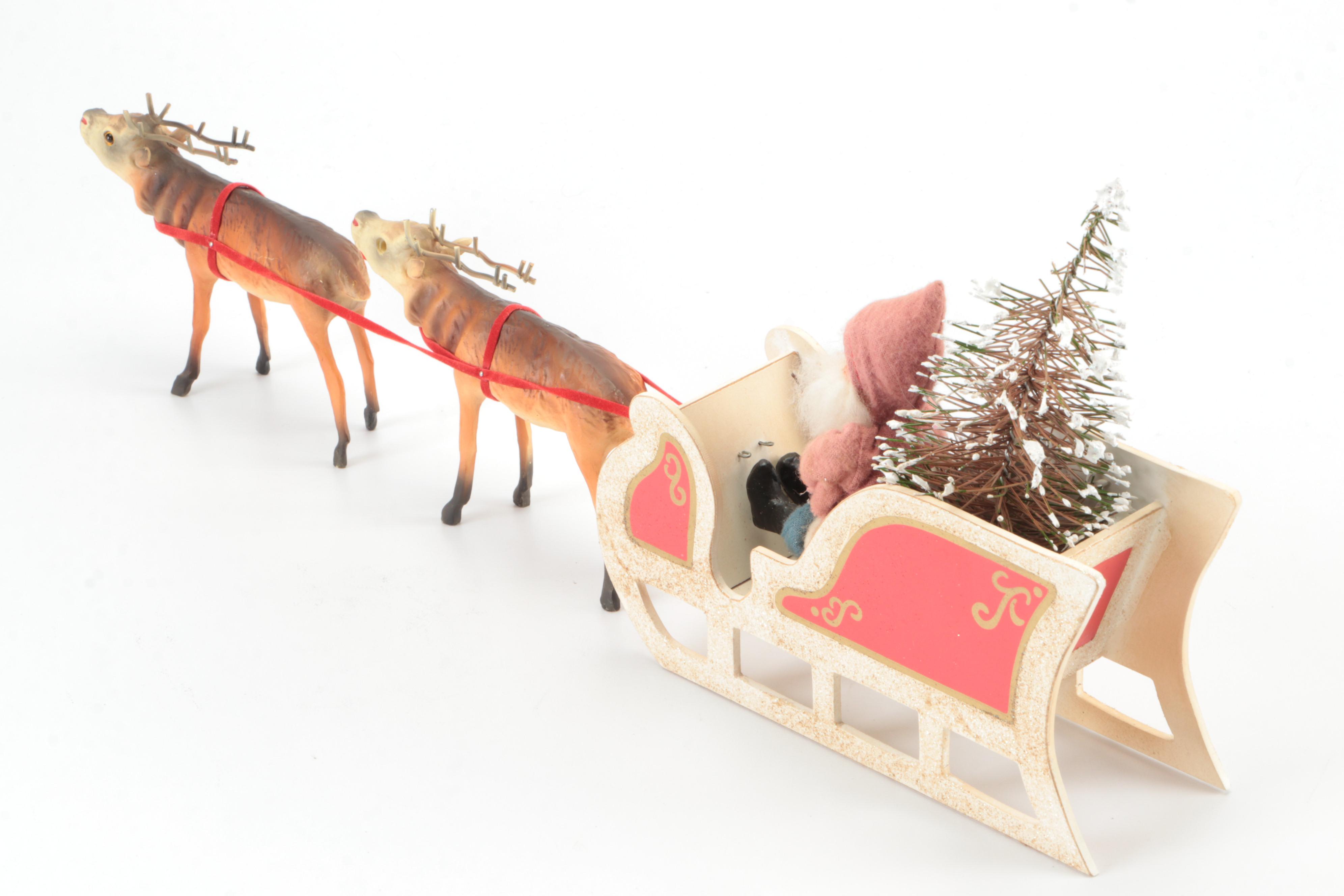 Santa and Sleigh with Reindeer Figurine, Mid to Late 20th Century