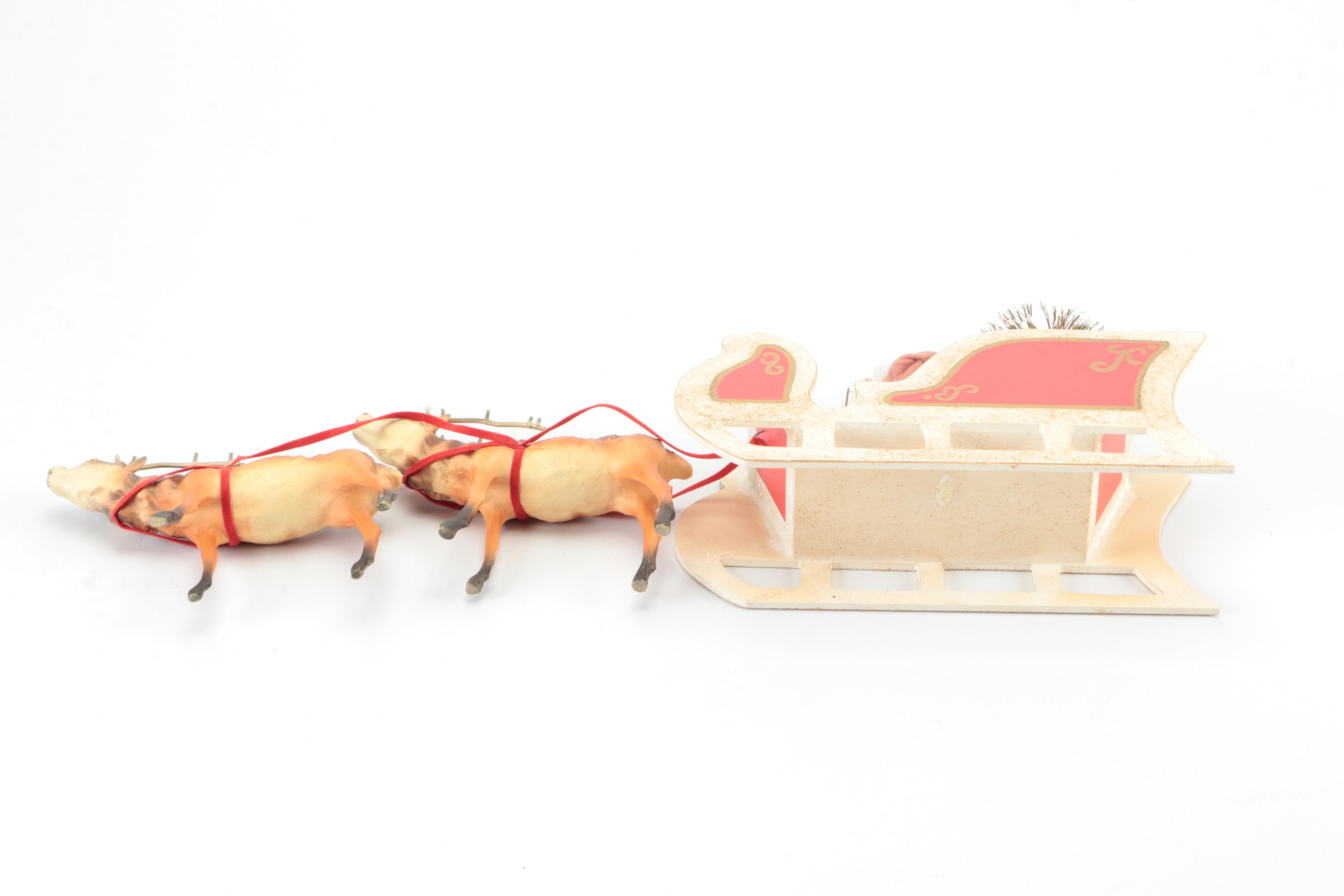 Santa and Sleigh with Reindeer Figurine, Mid to Late 20th Century