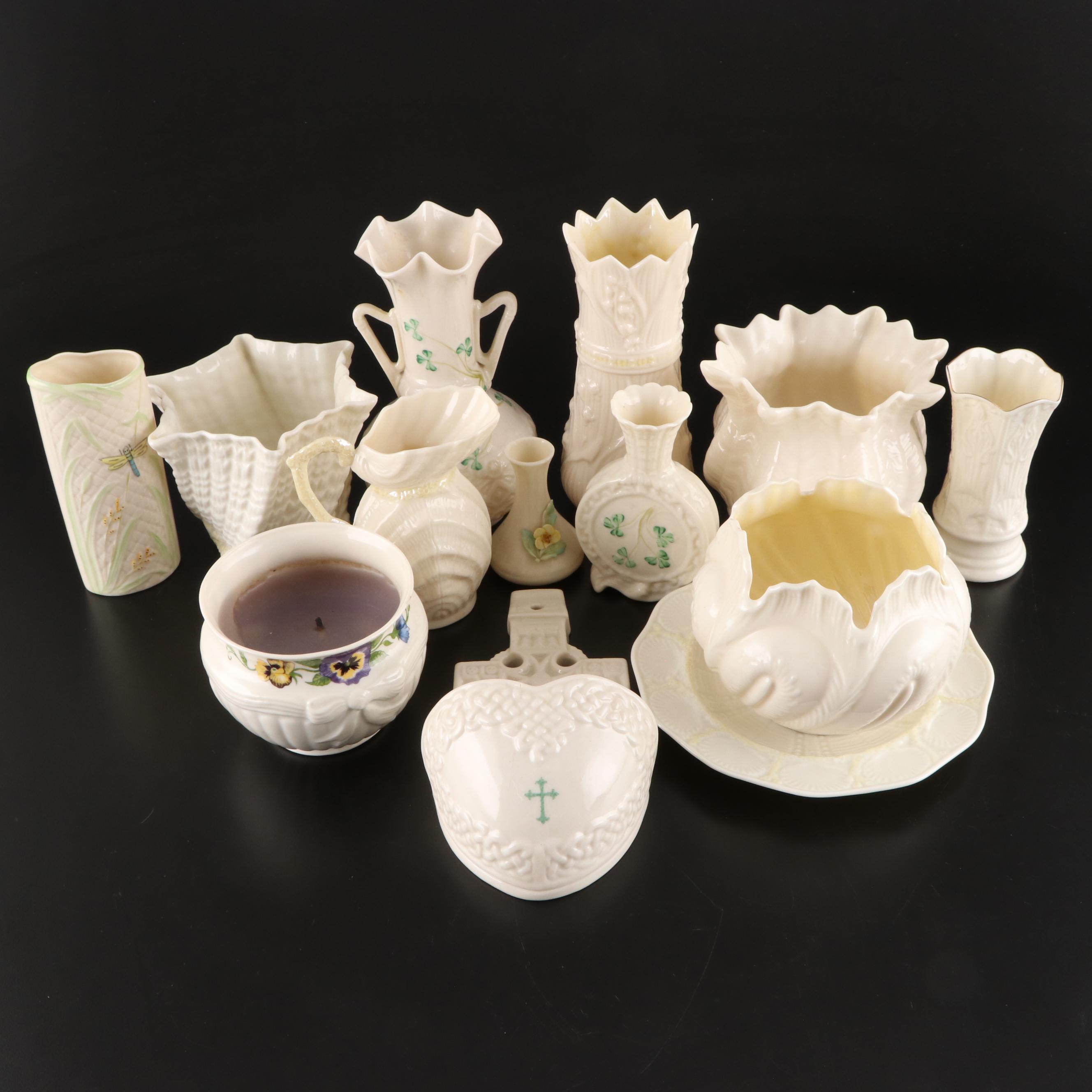 Belleek Porcelain Vases, Plate, Candle, Creamer and Holy Water Font