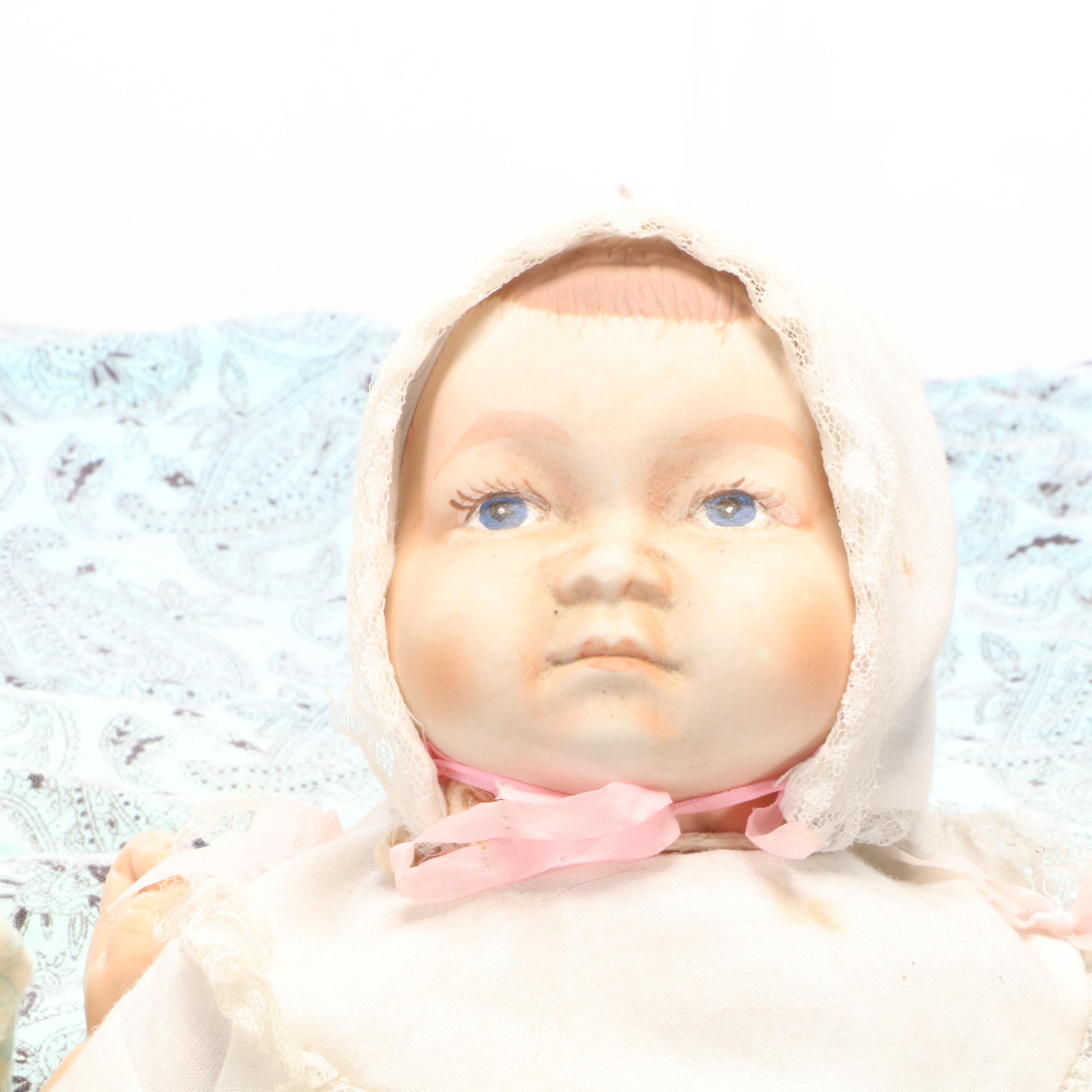 Sleep Eye Doll With Porcelain Doll and Wood Doll Bed