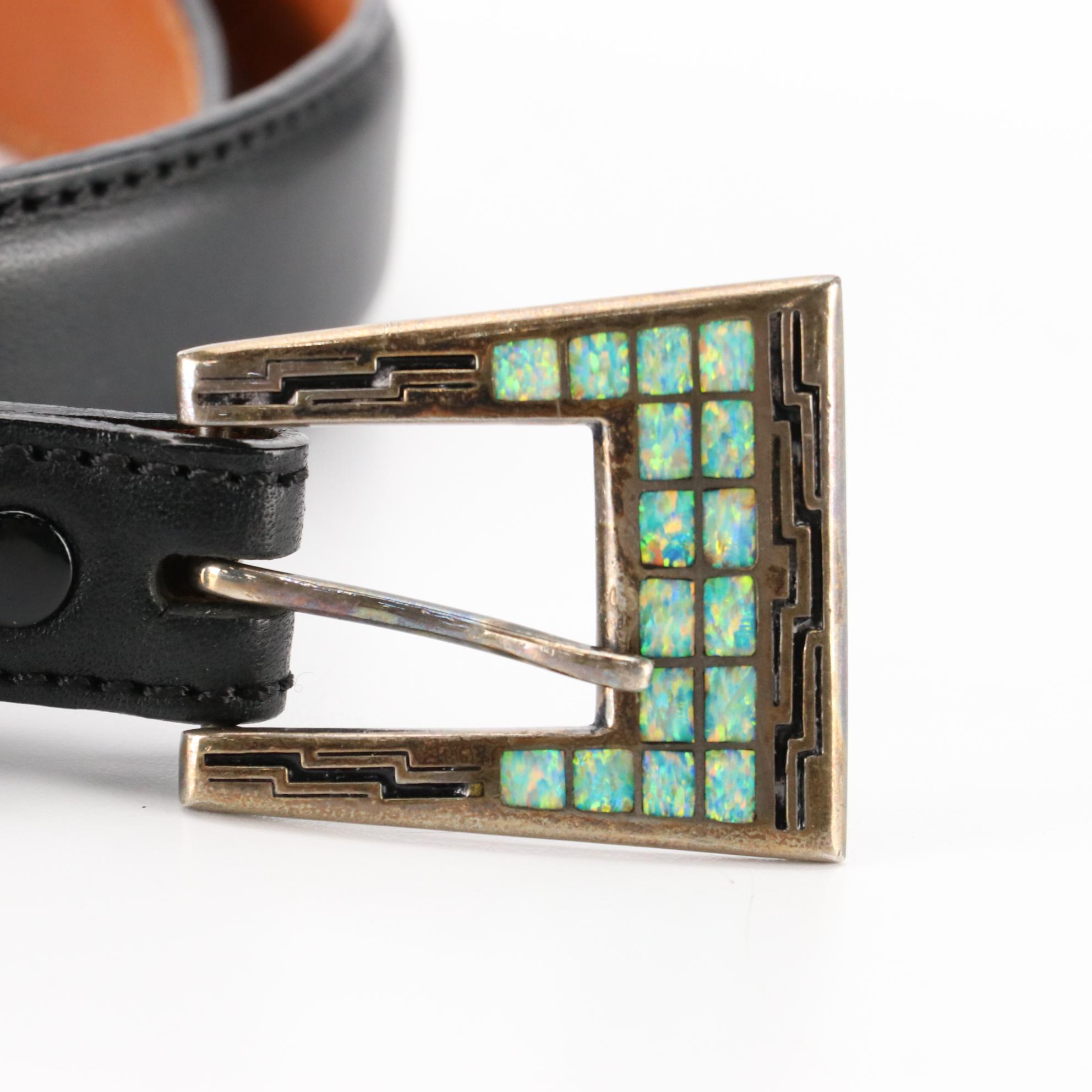Temé Navajo Sterling Silver and Inlaid Belt Buckle on Alexander's Leather Belt
