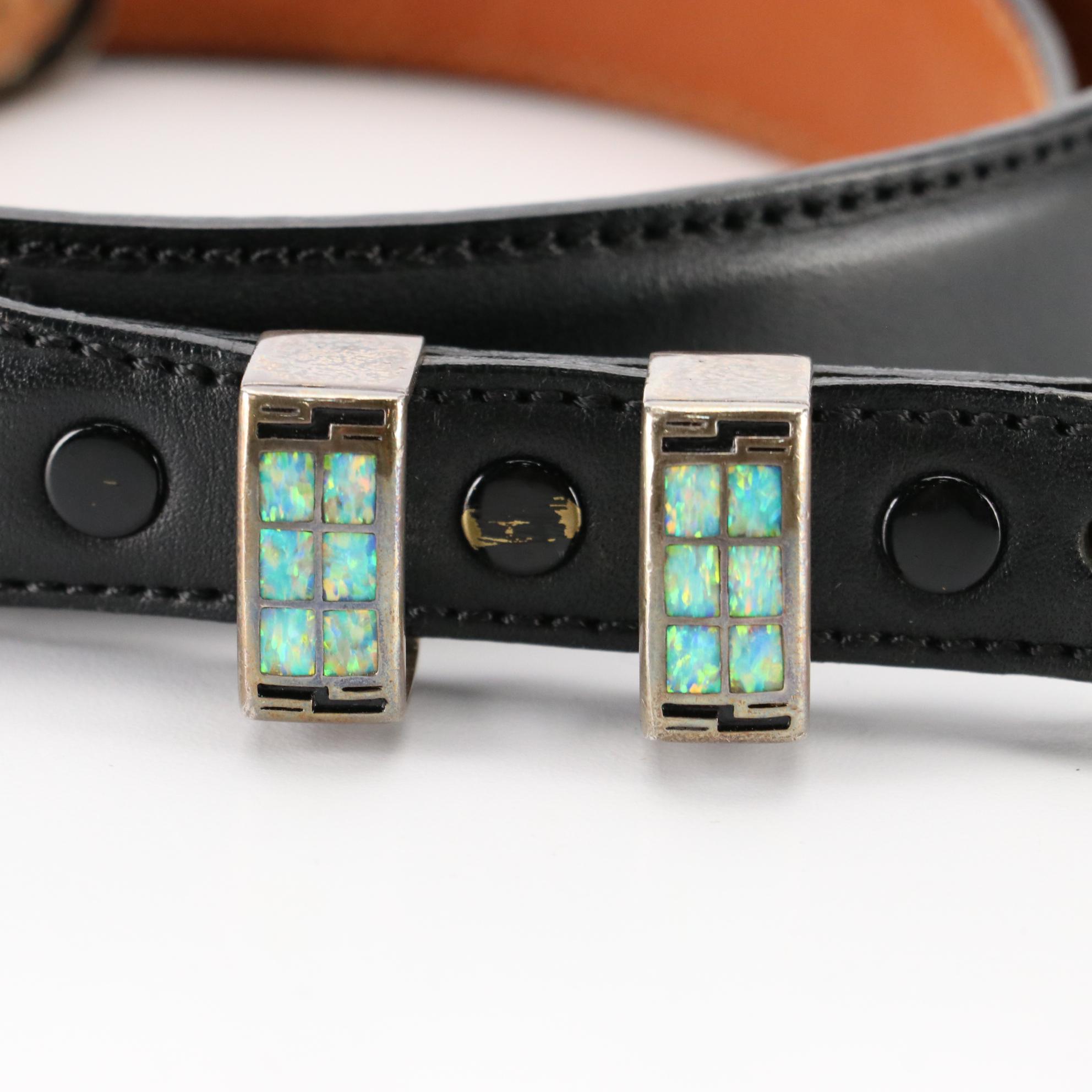 Temé Navajo Sterling Silver and Inlaid Belt Buckle on Alexander's Leather Belt