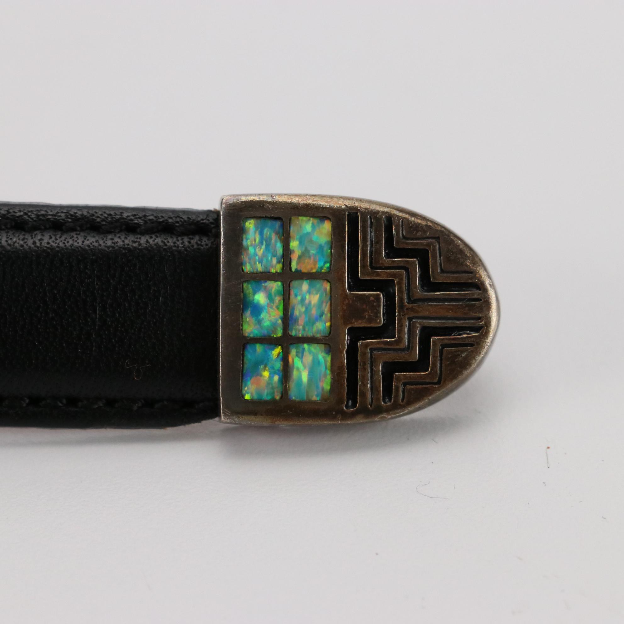 Temé Navajo Sterling Silver and Inlaid Belt Buckle on Alexander's Leather Belt