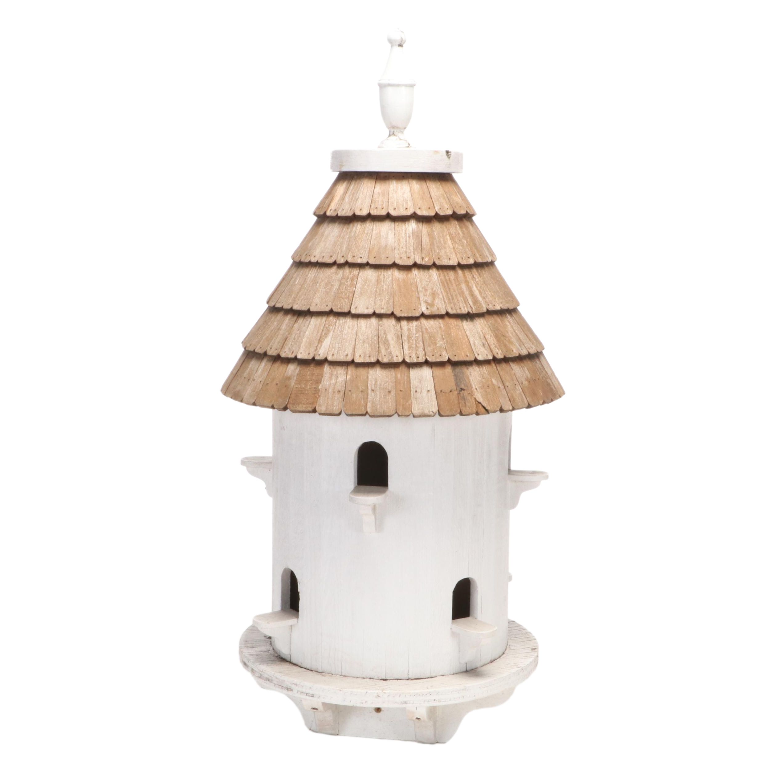 White Painted Cedar Wood Post Mounted Shingled Bird House